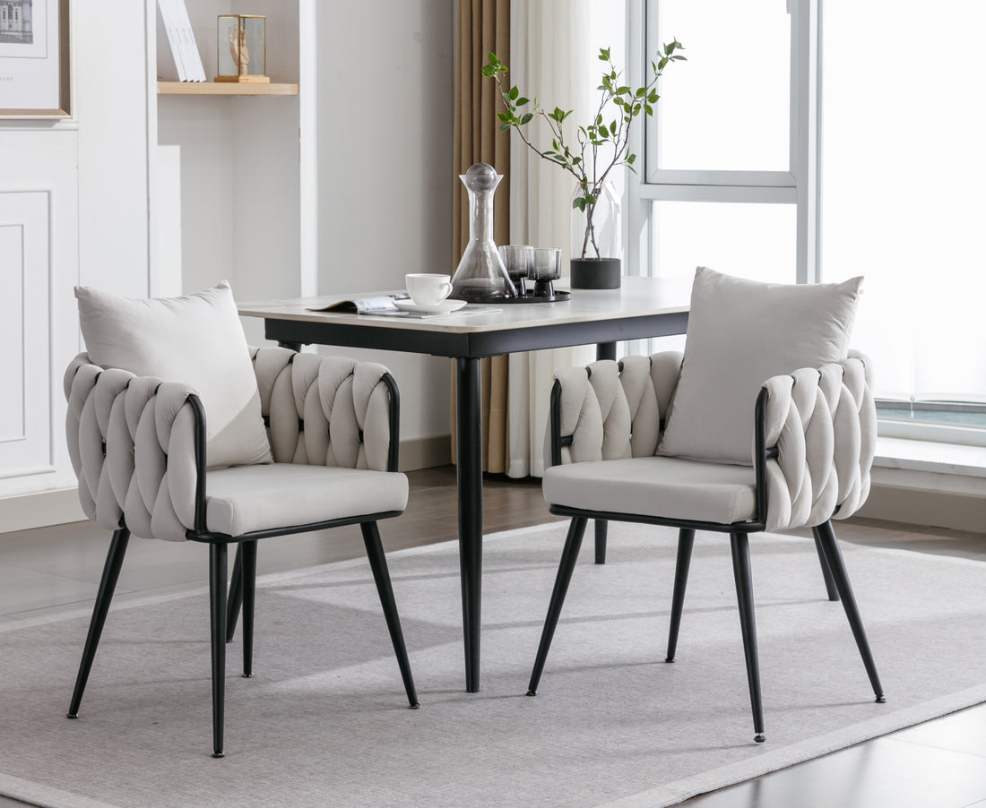 Pure Ivory Modern Velvet Dining Chairs Set Of 2 Hand Weaving Accent Chairs Living Room Chairs Upholstered Side Chair With Black Metal Legs For Dining Room Kitchen Vanity Living Room Ivory Velvet