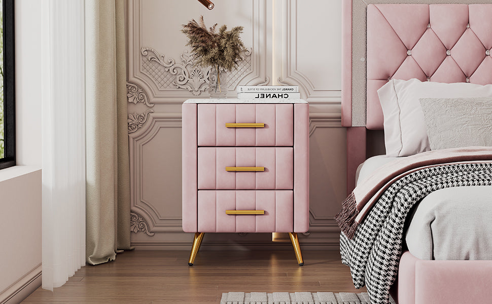 Upholstered Wooden Nightstand With 3 Drawers And Metal Legs&Handles,Fully Assembled Except Legs&Handles,Bedside Table With Marbling Worktop Pink Pink Velvet