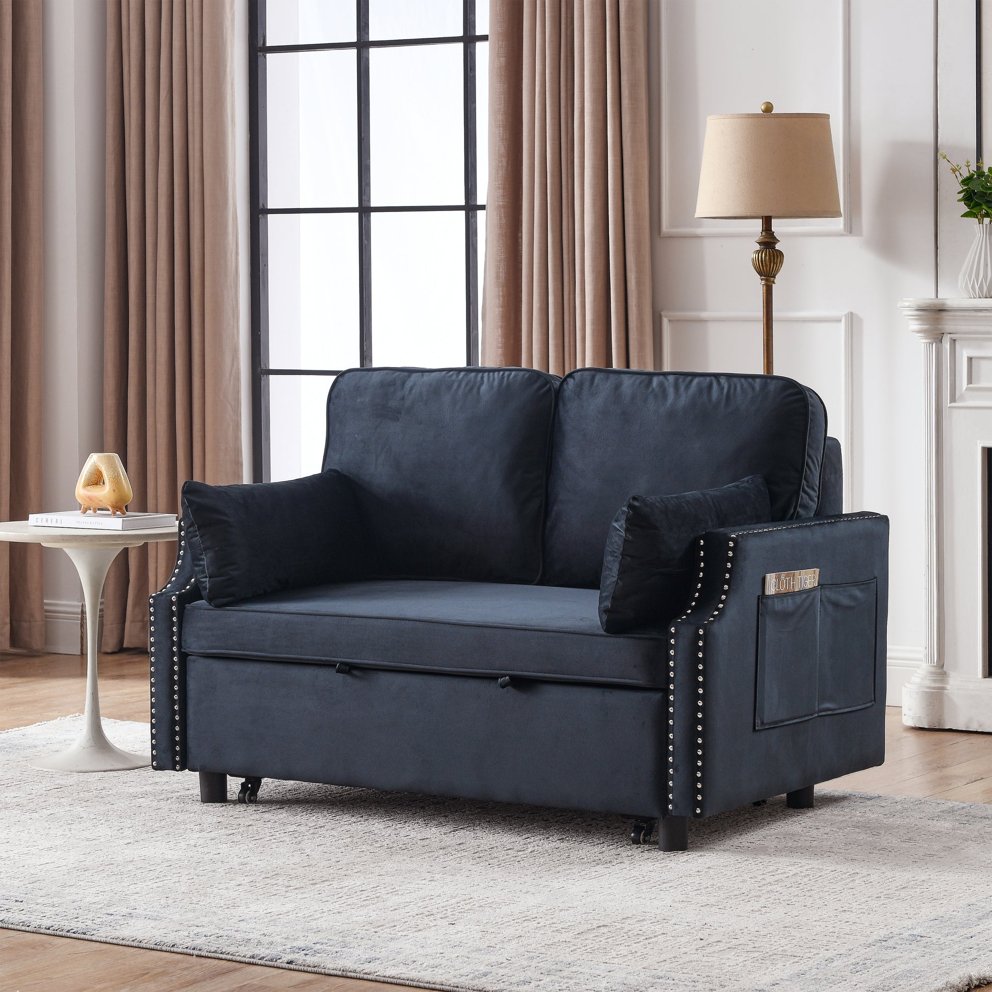 50" Velvet Upholstered Sleeper Sofa Bed With Side Storage Pockets, Design, 2 Seater Sofa With 2 Pillows And Removeable Backrest Pull Out Sofa Bed For Small Spaces In Living Rooms, Apartm Black Velvet Primary Living Space Foam Velvet 2 Seat