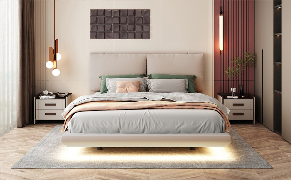 Queen Size Upholstered Platform Bed With Sensor Light And 2 Large Backrests, Stylish Platform Bed With 2 Sets Of Usb Port And Socket On Each Rear Bed Leg, Beige Beige Velvet