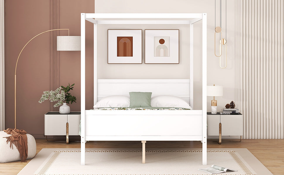 Queen Size Canopy Platform Bed With Headboard And Footboard,Slat Support Leg White Old Sku:Lt001912Aak White Solid Wood