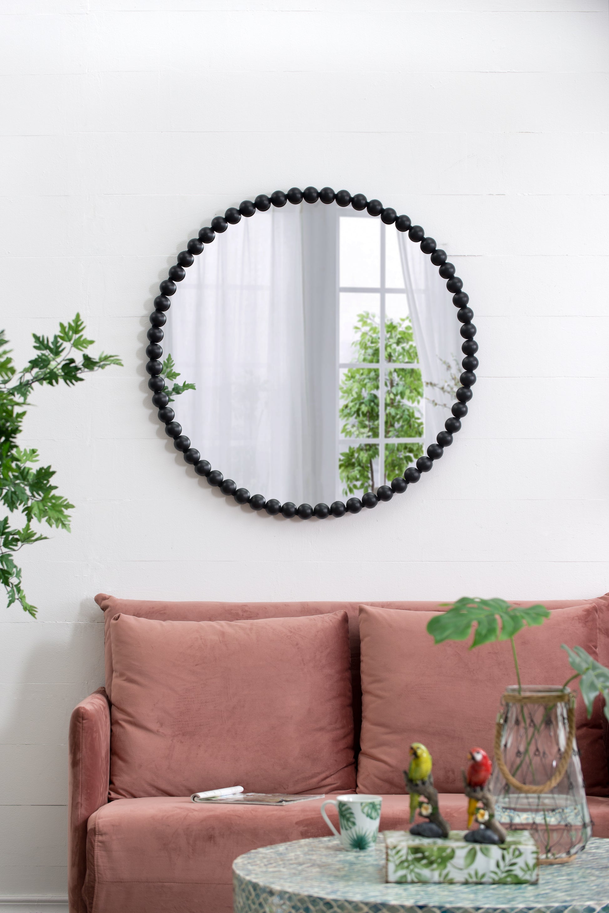 32" Circle Mirror With Metal Beaded Frame, Wall Mirror For Living Room Bedroom Entryway Black Metal