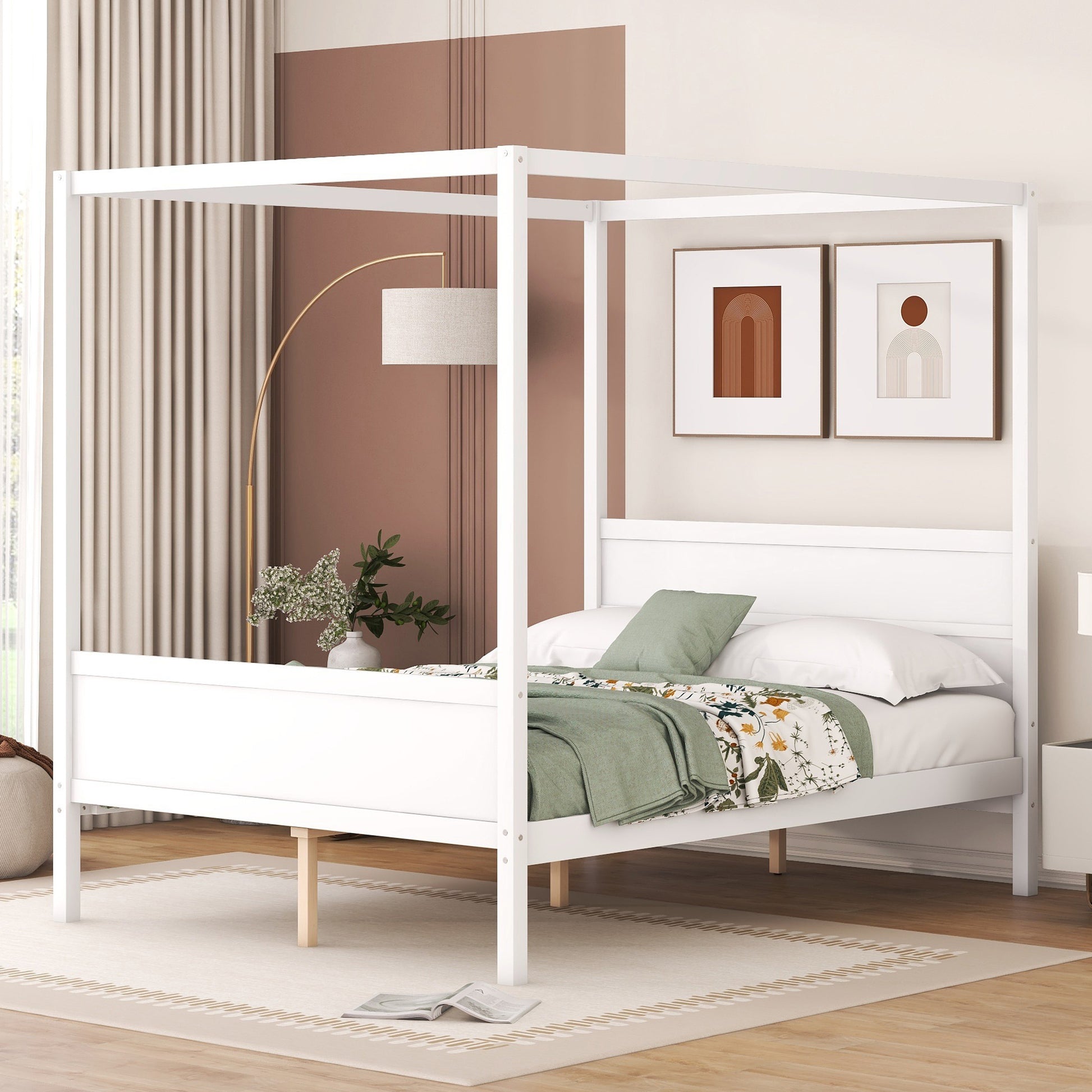 Queen Size Canopy Platform Bed With Headboard And Footboard,Slat Support Leg White Old Sku:Lt001912Aak White Solid Wood