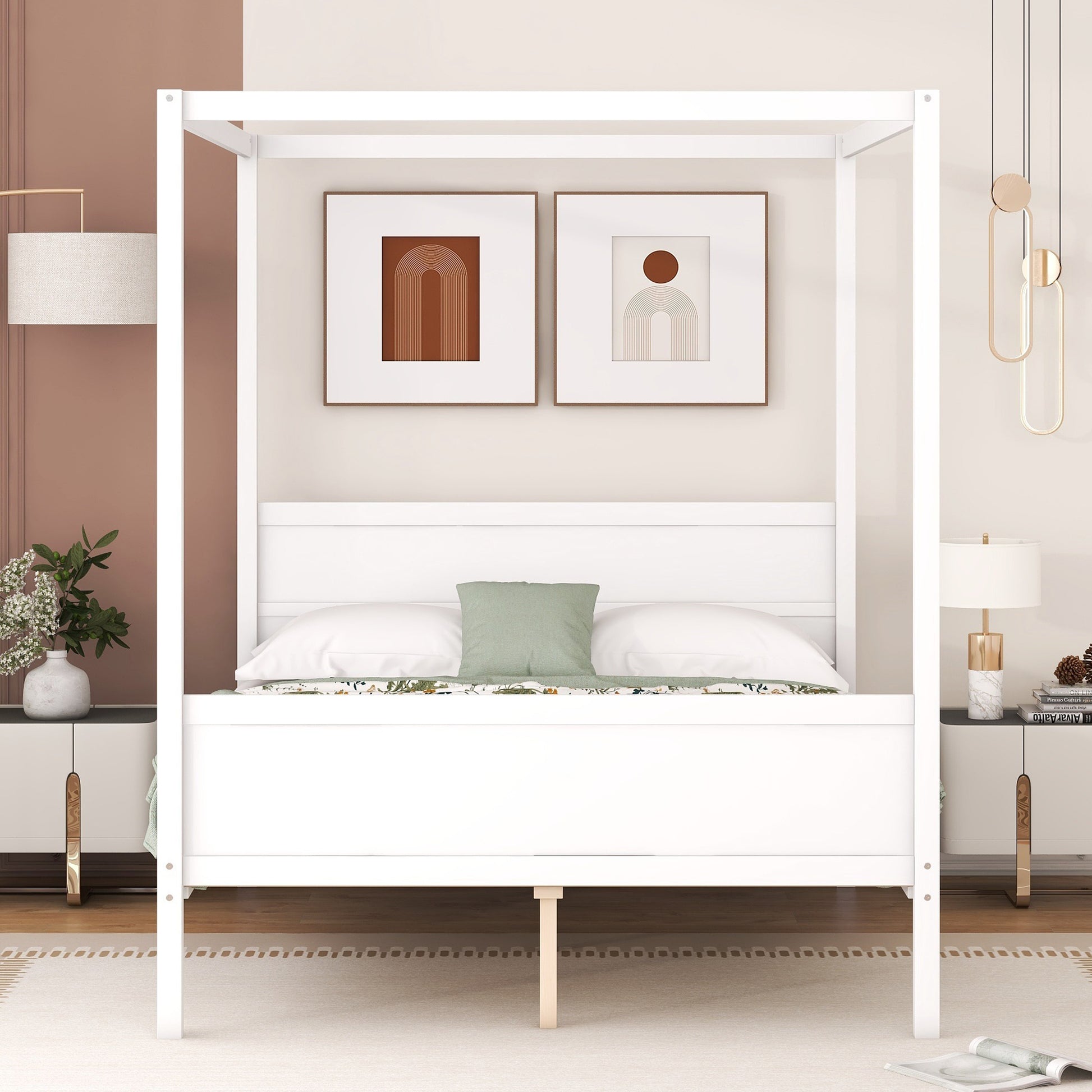 Queen Size Canopy Platform Bed With Headboard And Footboard,Slat Support Leg White Old Sku:Lt001912Aak White Solid Wood