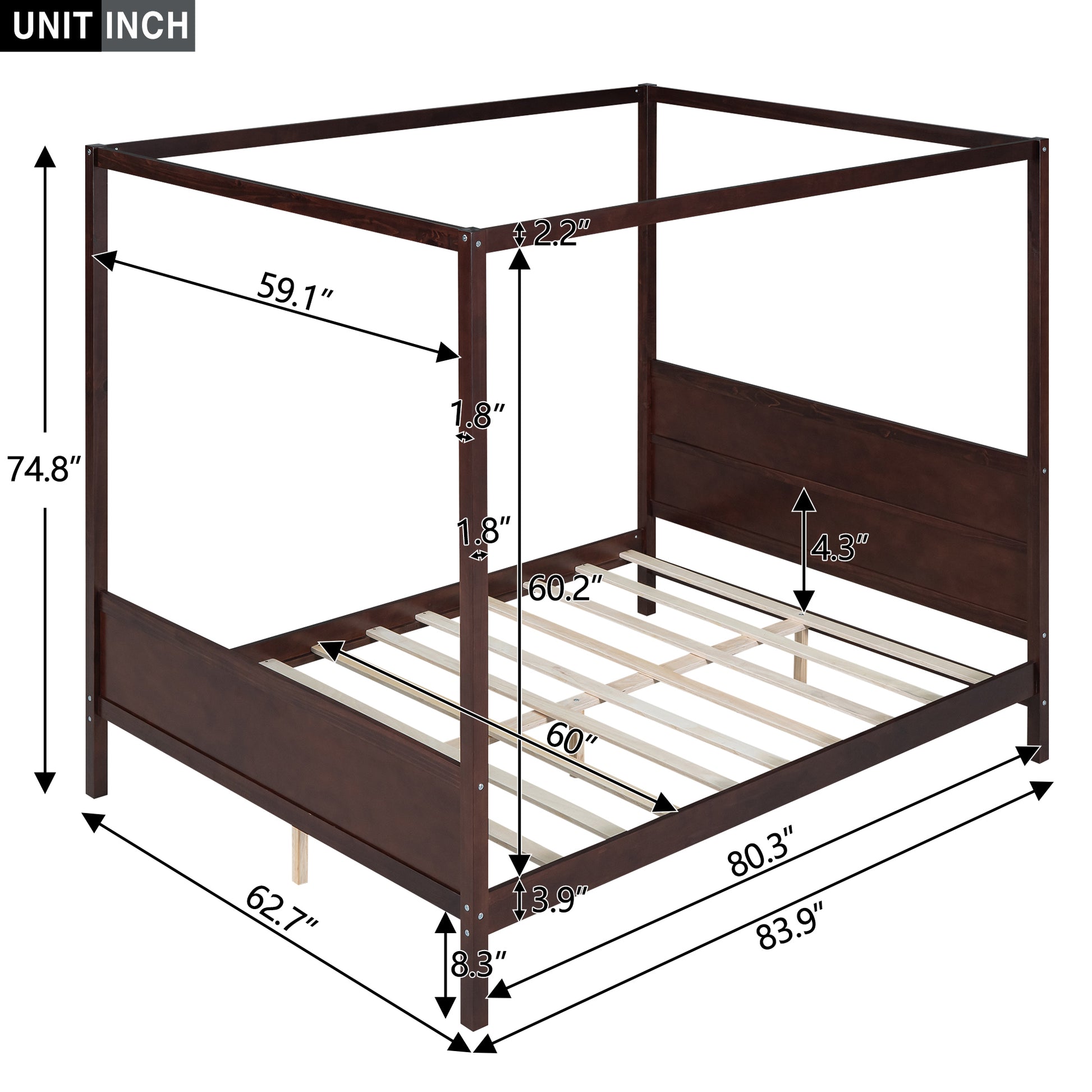 Queen Size Canopy Platform Bed With Headboard And Footboard,Slat Support Leg Espresso Old Sku:Lt001912Aap Espresso Solid Wood