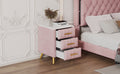 Upholstered Wooden Nightstand With 3 Drawers And Metal Legs&Handles,Fully Assembled Except Legs&Handles,Bedside Table With Marbling Worktop Pink Pink Velvet