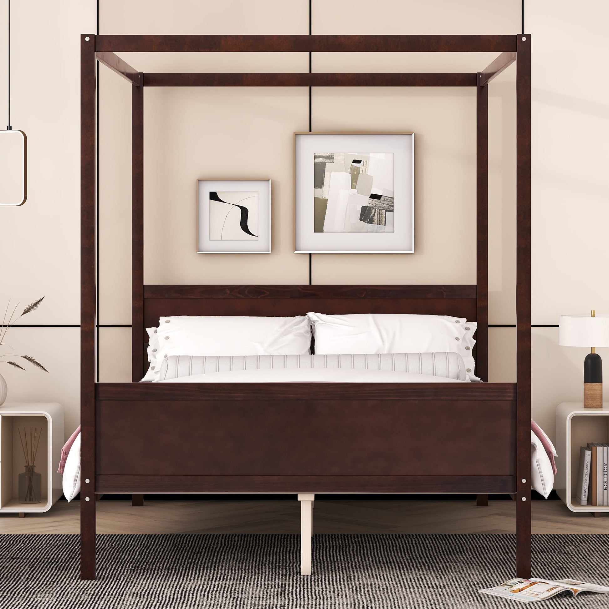 Queen Size Canopy Platform Bed With Headboard And Footboard,Slat Support Leg Espresso Old Sku:Lt001912Aap Espresso Solid Wood