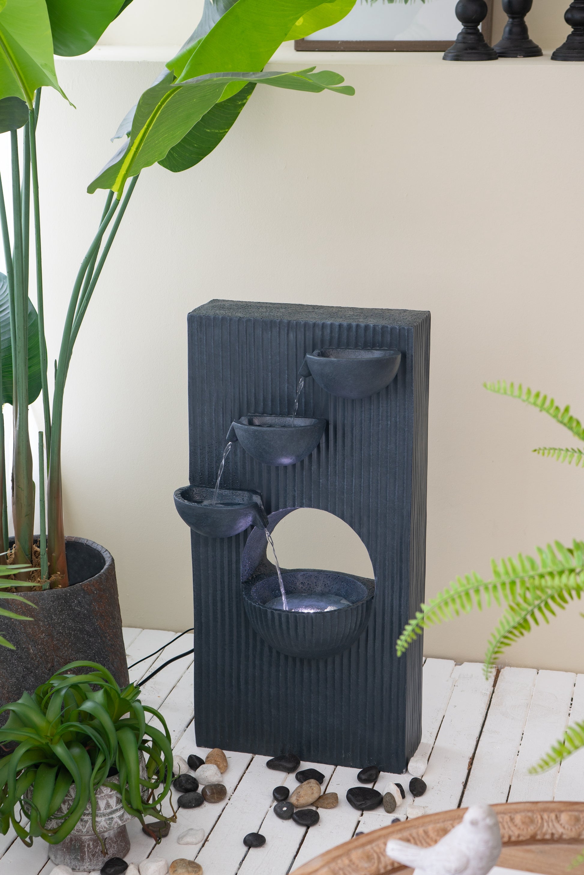 16.5X9.8X31.9" Decorative 4 Tier Minimalist Water Fountain With Light For Indoor Outdoor, Black Black Garden & Outdoor Art Deco,Contemporary,Minimalist,Modern,Traditional Polyresin