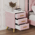 Upholstered Wooden Nightstand With 3 Drawers And Metal Legs&Handles,Fully Assembled Except Legs&Handles,Bedside Table With Marbling Worktop Pink Pink Velvet