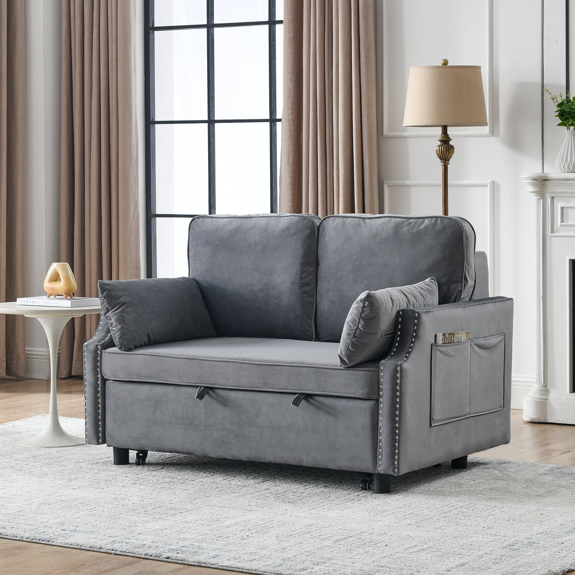 50" Velvet Upholstered Sleeper Sofa Bed With Side Storage Pockets, Design, 2 Seater Sofa With 2 Pillows And Removeable Backrest Pull Out Sofa Bed For Small Spaces In Living Rooms, Apartm Grey Velvet Primary Living Space Foam Velvet 2 Seat