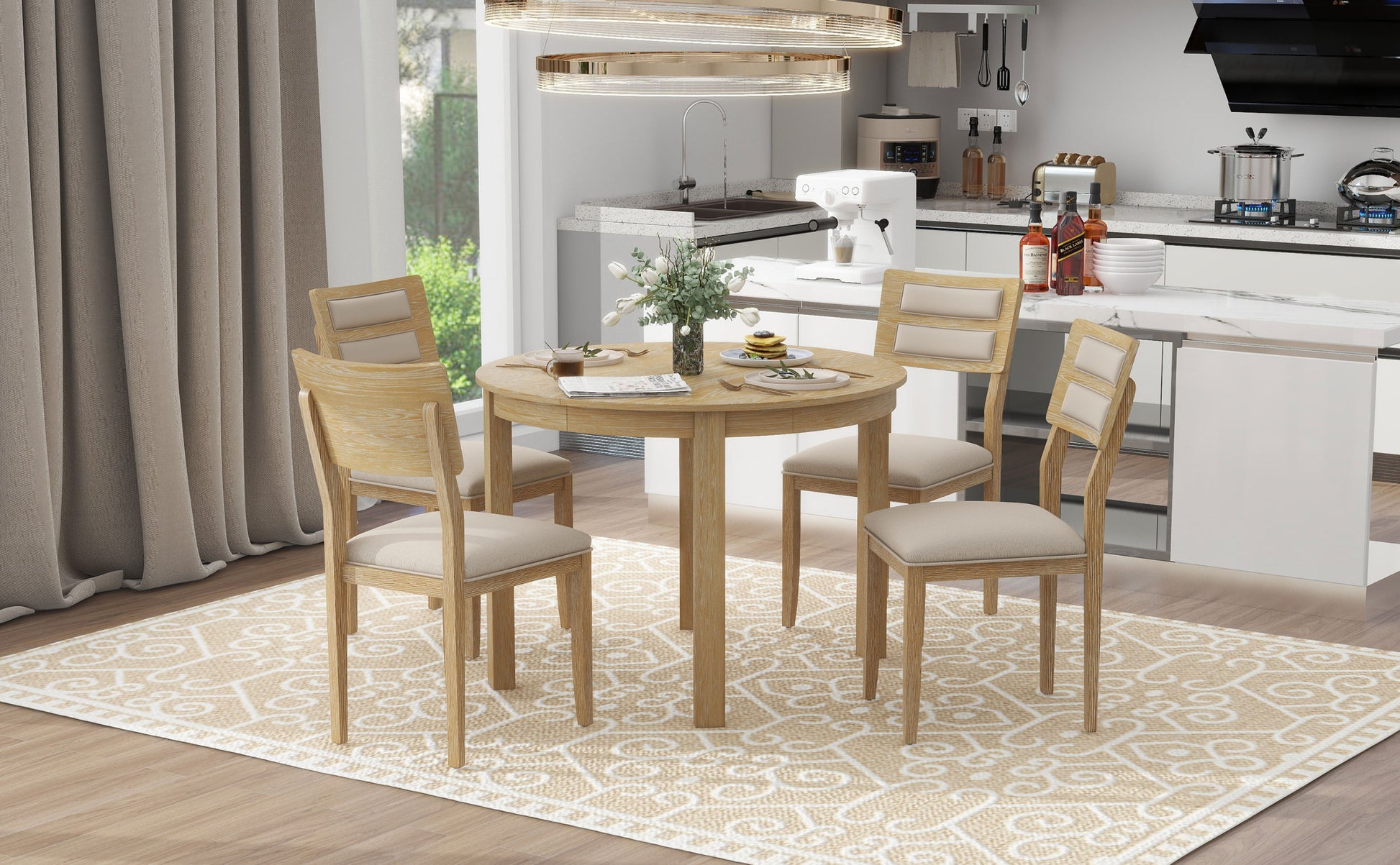 5 Piece Multifunctional Dining Table Set, Farmhouse Dining Set With Extendable Round Table ,Two Small Drawers And 4 Upholstered Dining Chairs For Kitchen And Dining Room Natural Wood Wash Natural Wood Wash Solid Wood