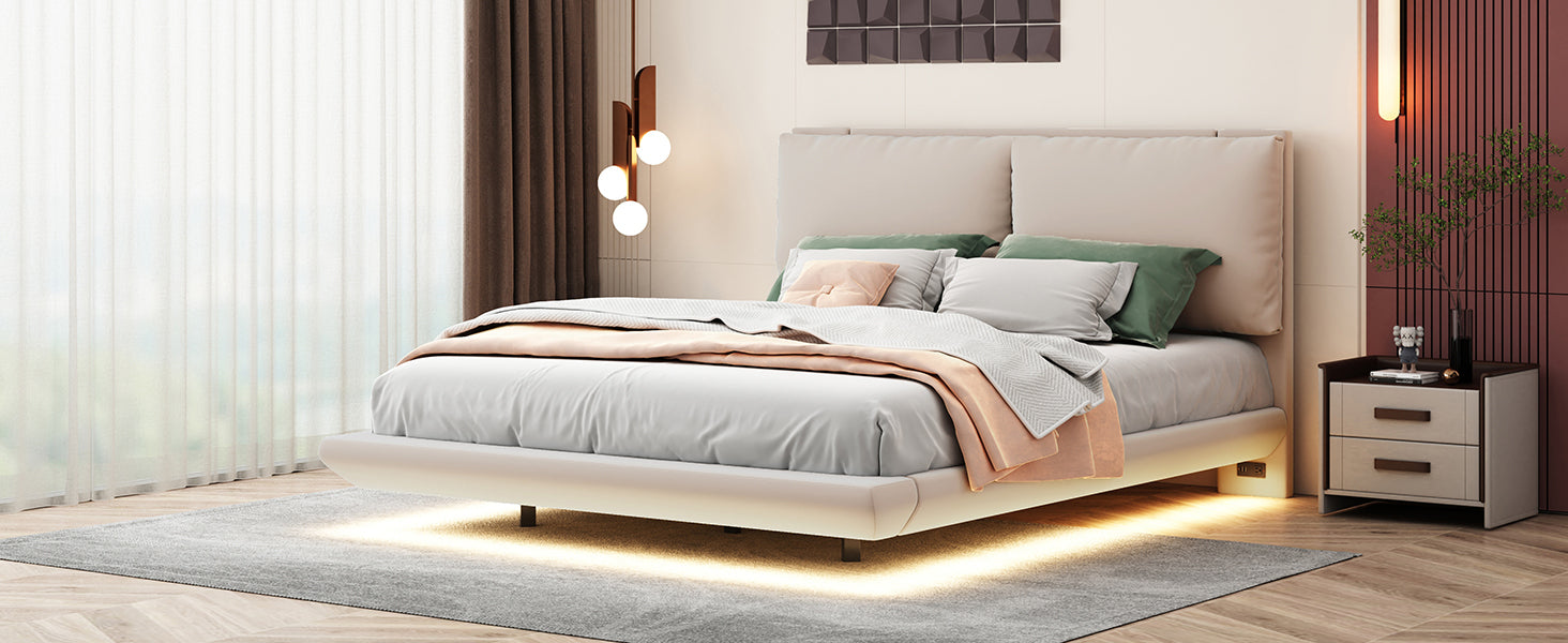 Queen Size Upholstered Platform Bed With Sensor Light And 2 Large Backrests, Stylish Platform Bed With 2 Sets Of Usb Port And Socket On Each Rear Bed Leg, Beige Beige Velvet