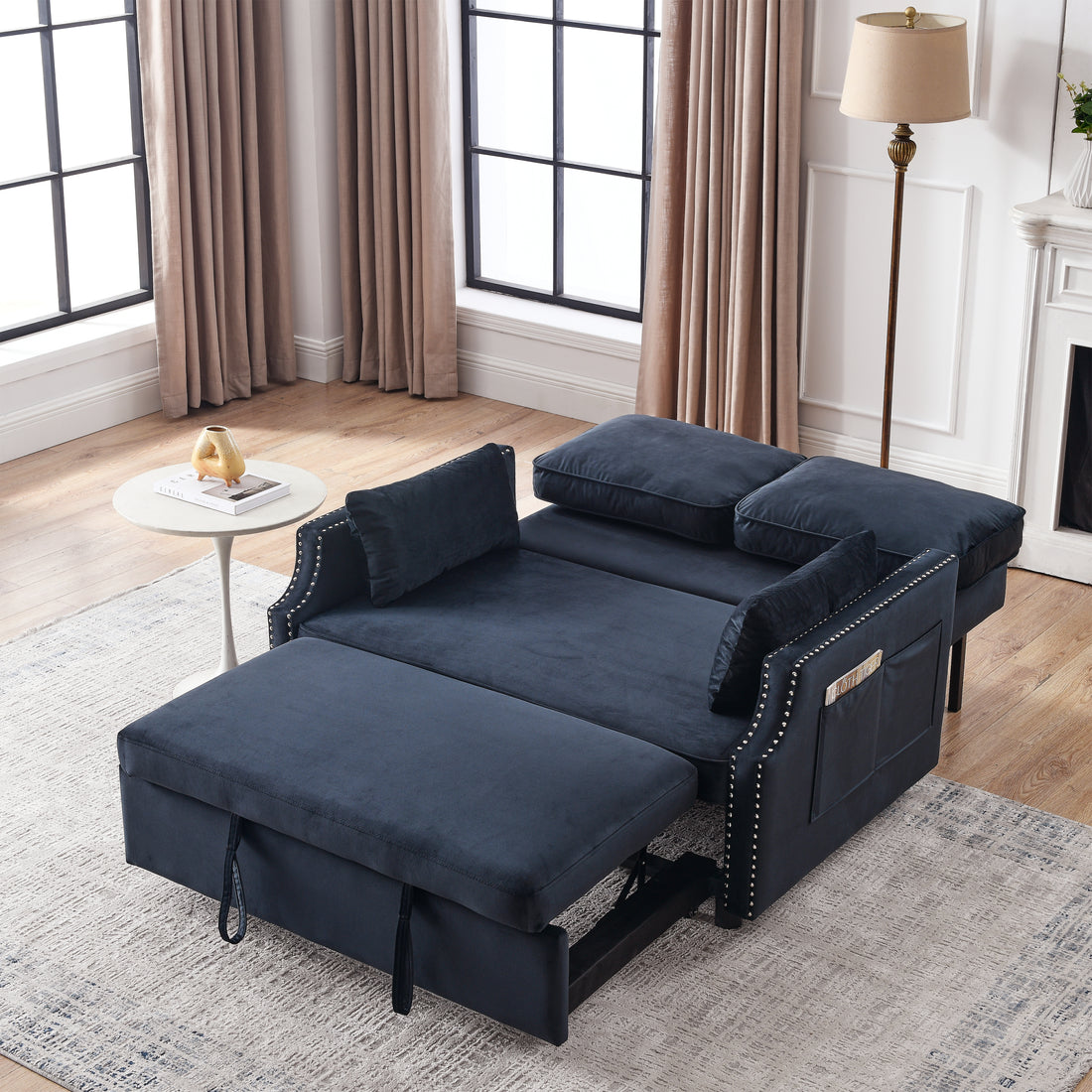 50" Velvet Upholstered Sleeper Sofa Bed With Side Storage Pockets, Design, 2 Seater Sofa With 2 Pillows And Removeable Backrest Pull Out Sofa Bed For Small Spaces In Living Rooms, Apartm Black Velvet Primary Living Space Foam Velvet 2 Seat