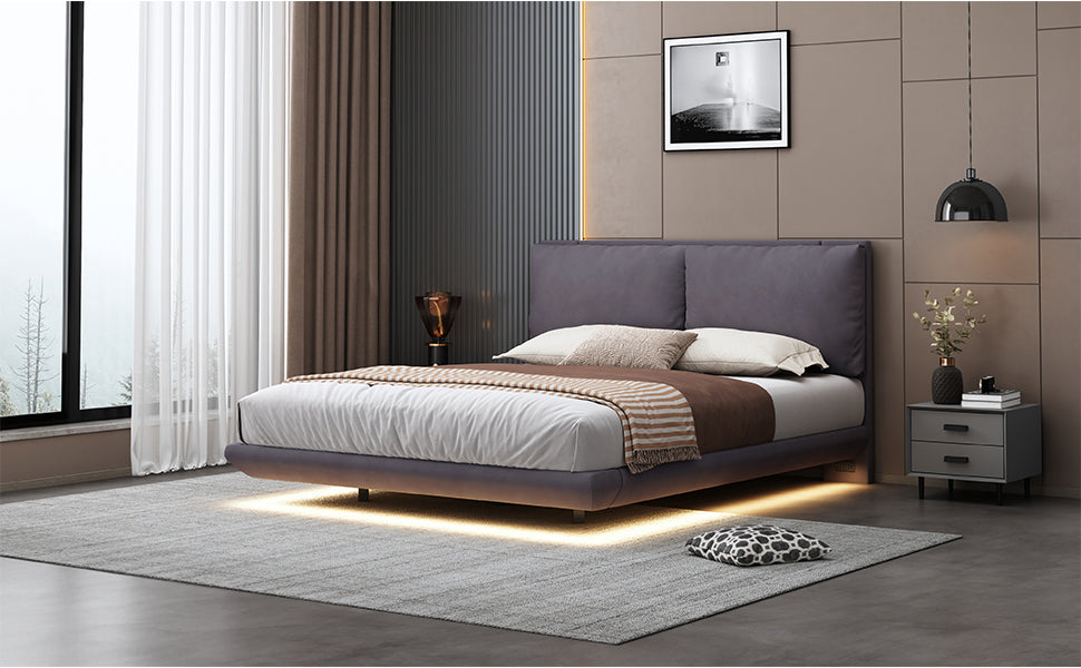 Queen Size Upholstered Platform Bed With Sensor Light And 2 Large Backrests, Stylish Platform Bed With 2 Sets Of Usb Port And Socket On Each Rear Bed Leg, Gray Gray Velvet