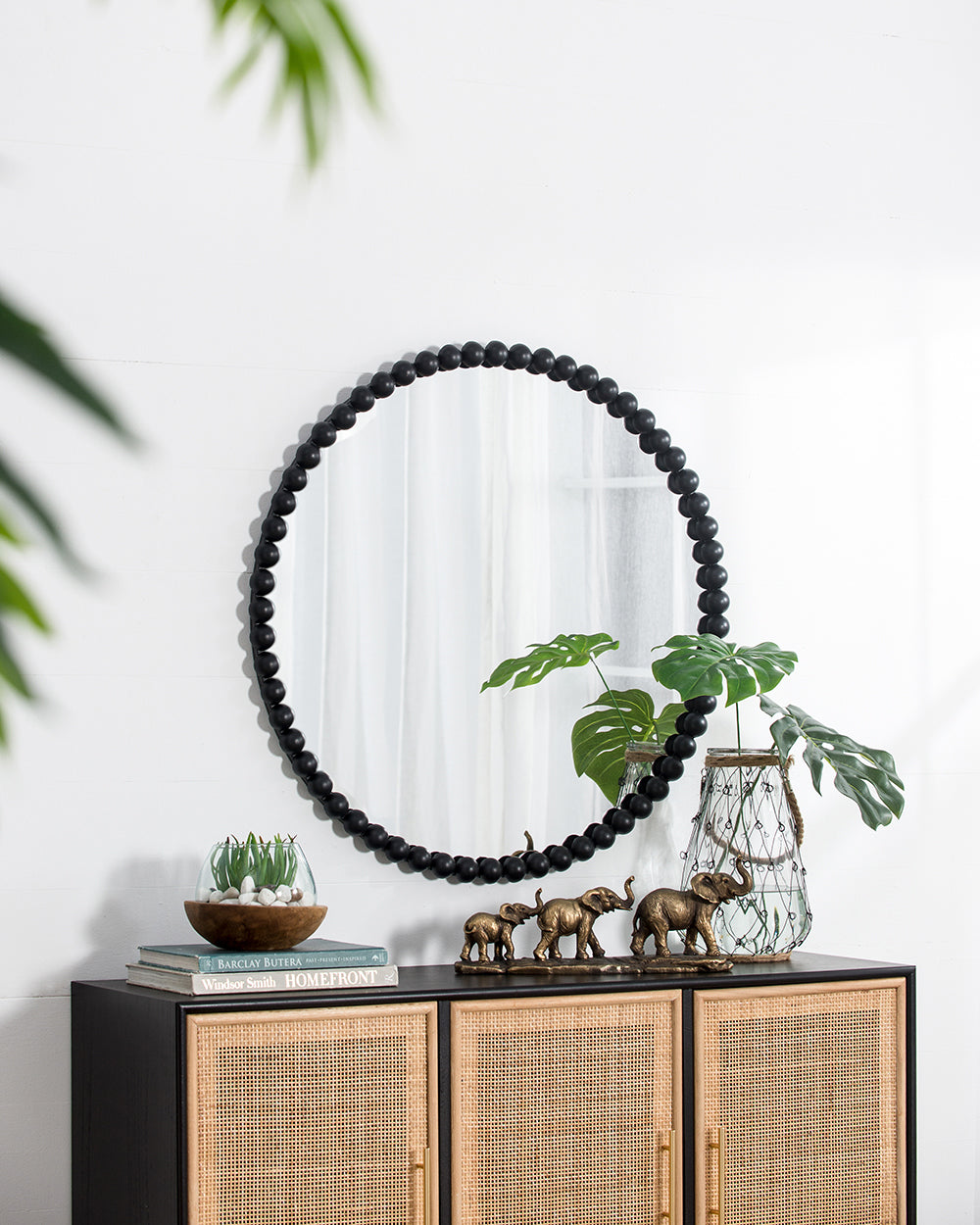 32" Circle Mirror With Metal Beaded Frame, Wall Mirror For Living Room Bedroom Entryway Black Metal