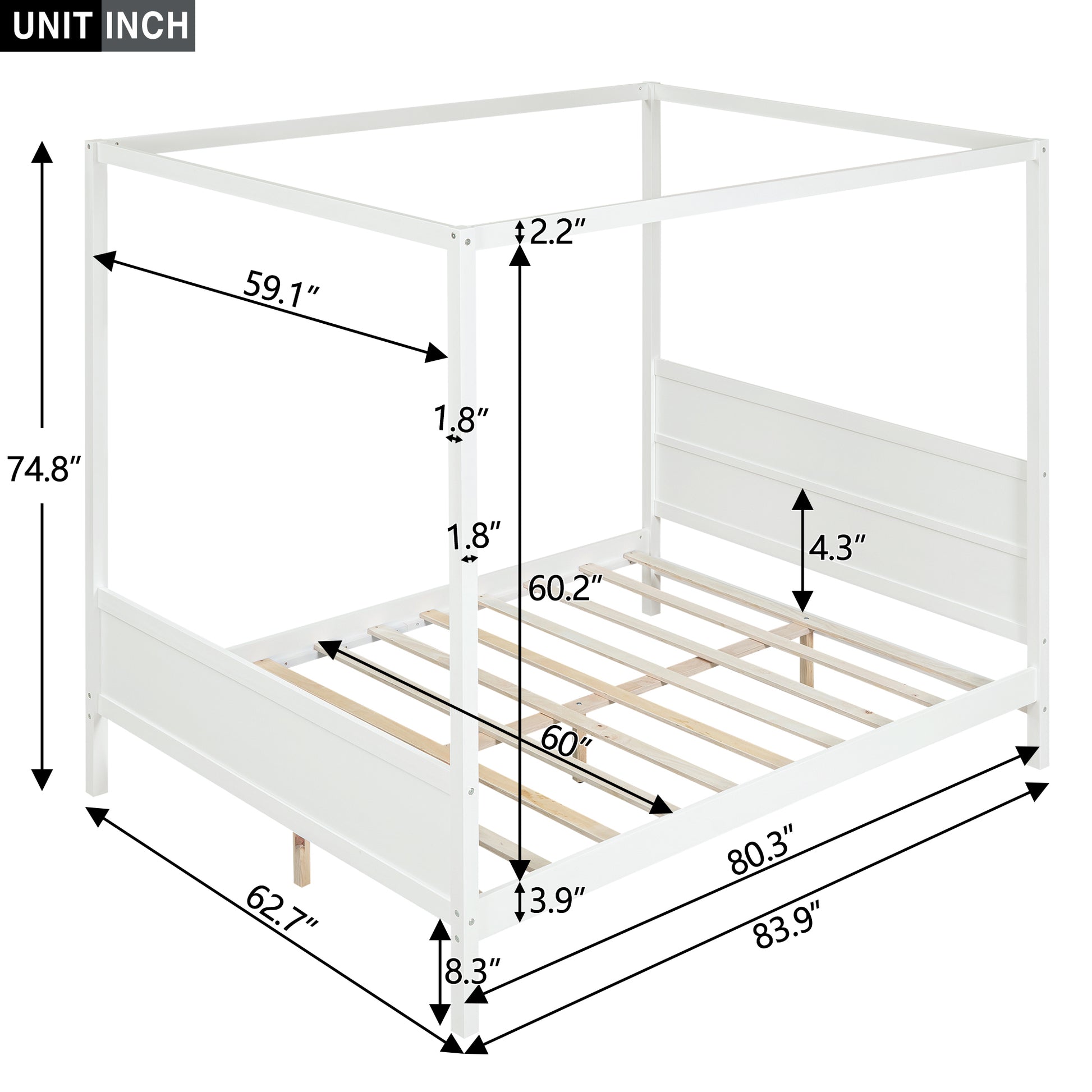 Queen Size Canopy Platform Bed With Headboard And Footboard,Slat Support Leg White Old Sku:Lt001912Aak White Solid Wood