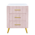 Upholstered Wooden Nightstand With 3 Drawers And Metal Legs&Handles,Fully Assembled Except Legs&Handles,Bedside Table With Marbling Worktop Pink Pink Velvet