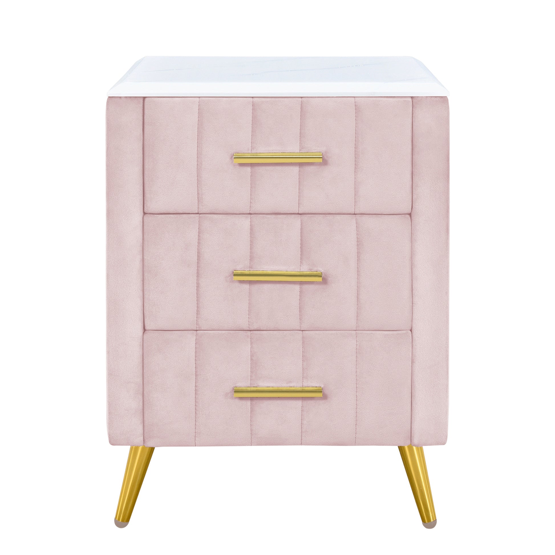 Upholstered Wooden Nightstand With 3 Drawers And Metal Legs&Handles,Fully Assembled Except Legs&Handles,Bedside Table With Marbling Worktop Pink Pink Velvet