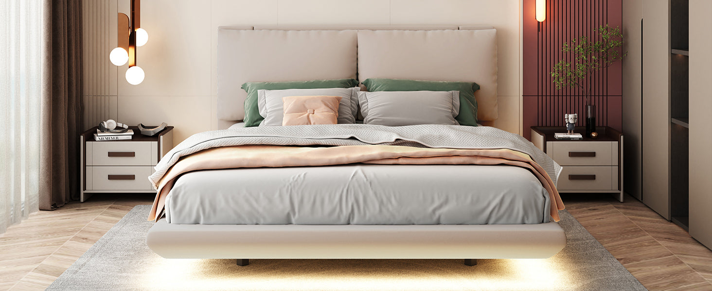Queen Size Upholstered Platform Bed With Sensor Light And 2 Large Backrests, Stylish Platform Bed With 2 Sets Of Usb Port And Socket On Each Rear Bed Leg, Beige Beige Velvet