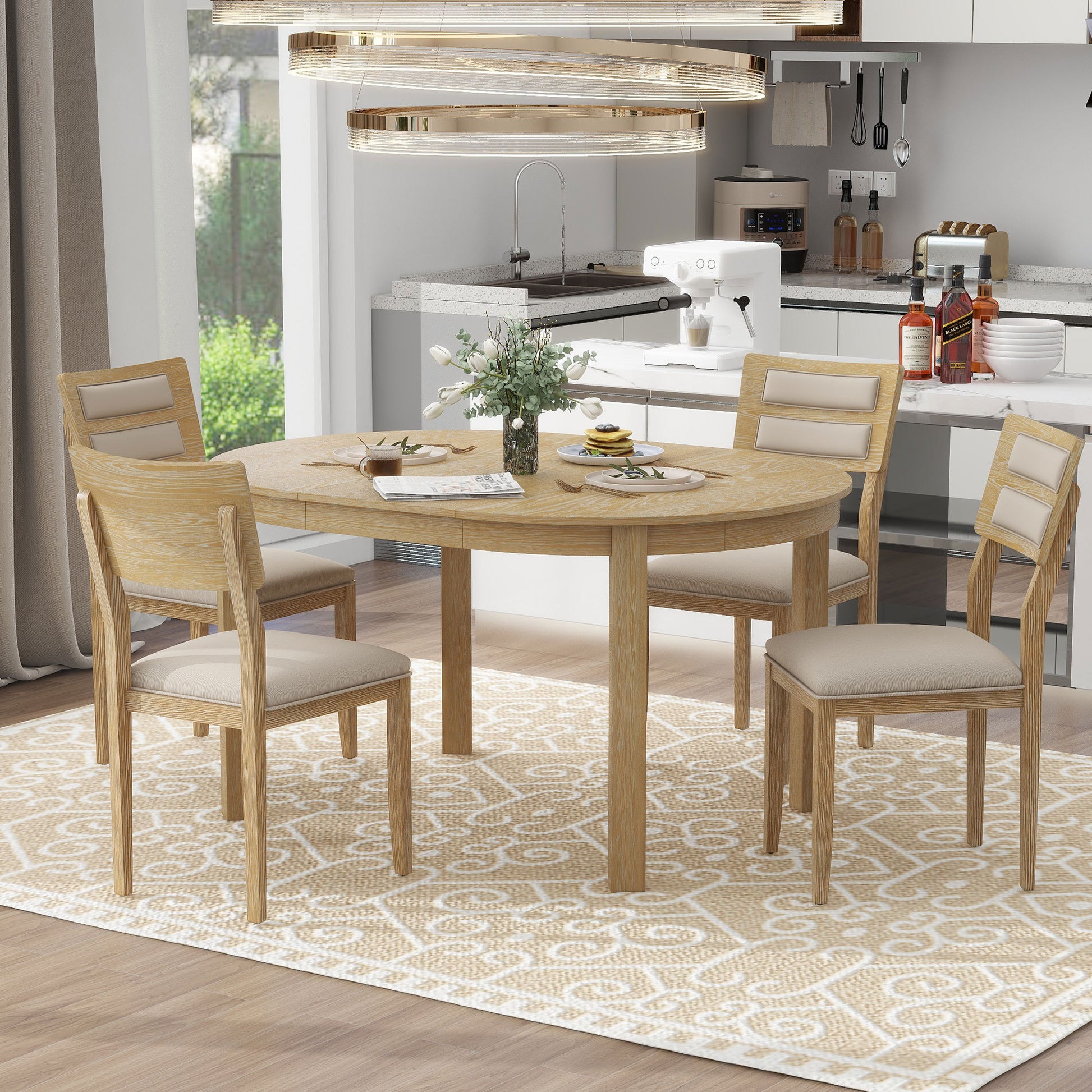 5 Piece Multifunctional Dining Table Set, Farmhouse Dining Set With Extendable Round Table ,Two Small Drawers And 4 Upholstered Dining Chairs For Kitchen And Dining Room Natural Wood Wash Natural Wood Wash Solid Wood