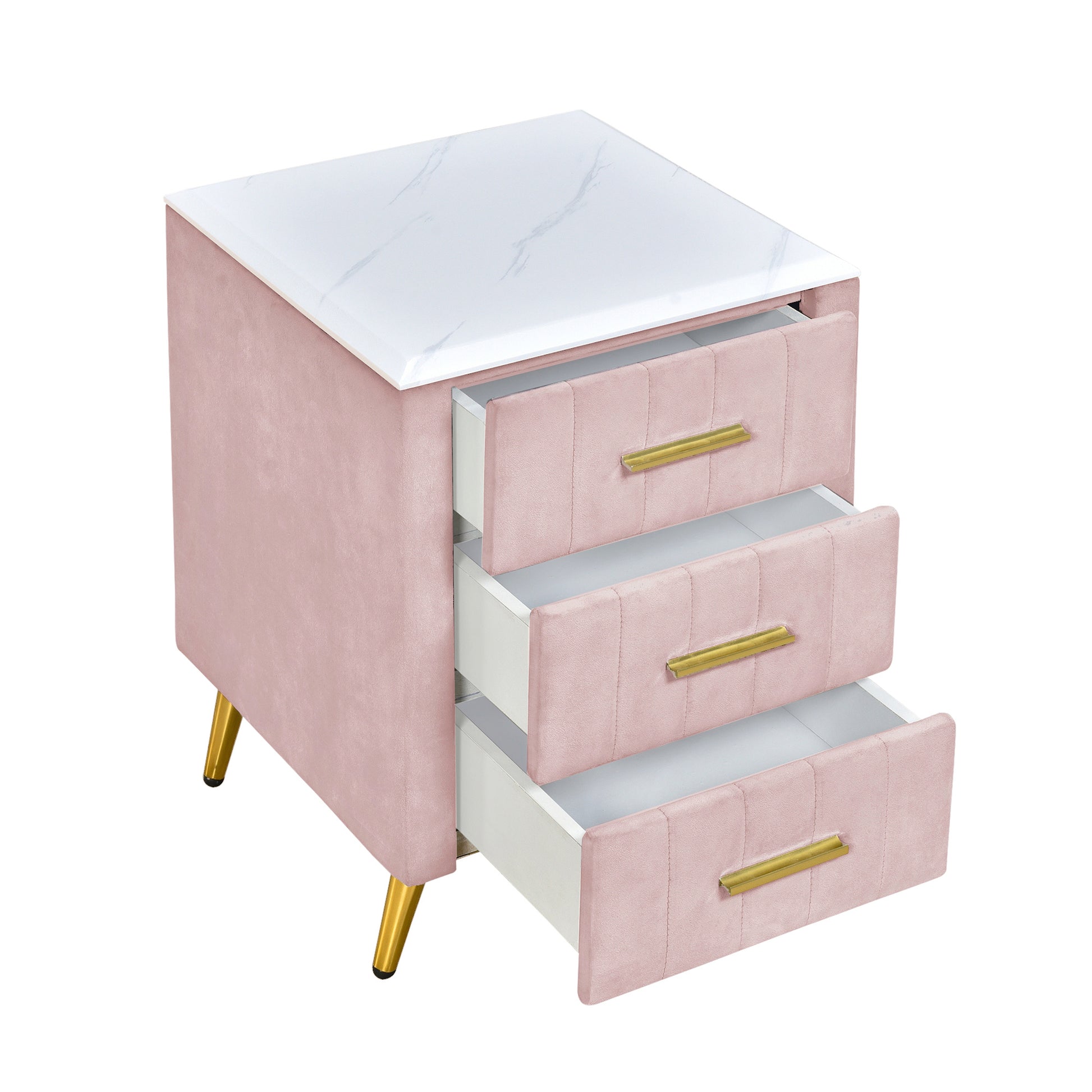 Upholstered Wooden Nightstand With 3 Drawers And Metal Legs&Handles,Fully Assembled Except Legs&Handles,Bedside Table With Marbling Worktop Pink Pink Velvet