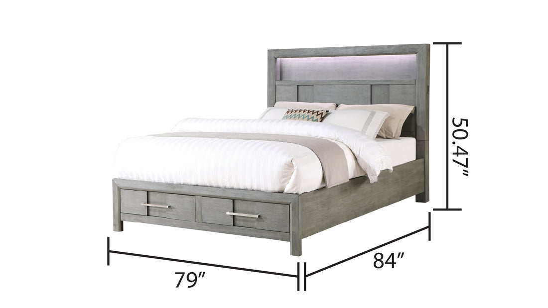 Kenzo Modern Style King Bed Made With Wood & Led Headboard With Bookshelf In Gray Box Spring Not Required King Gray Wood Bedroom Contemporary,Modern Slat Beds Solid Wood Mdf Wood