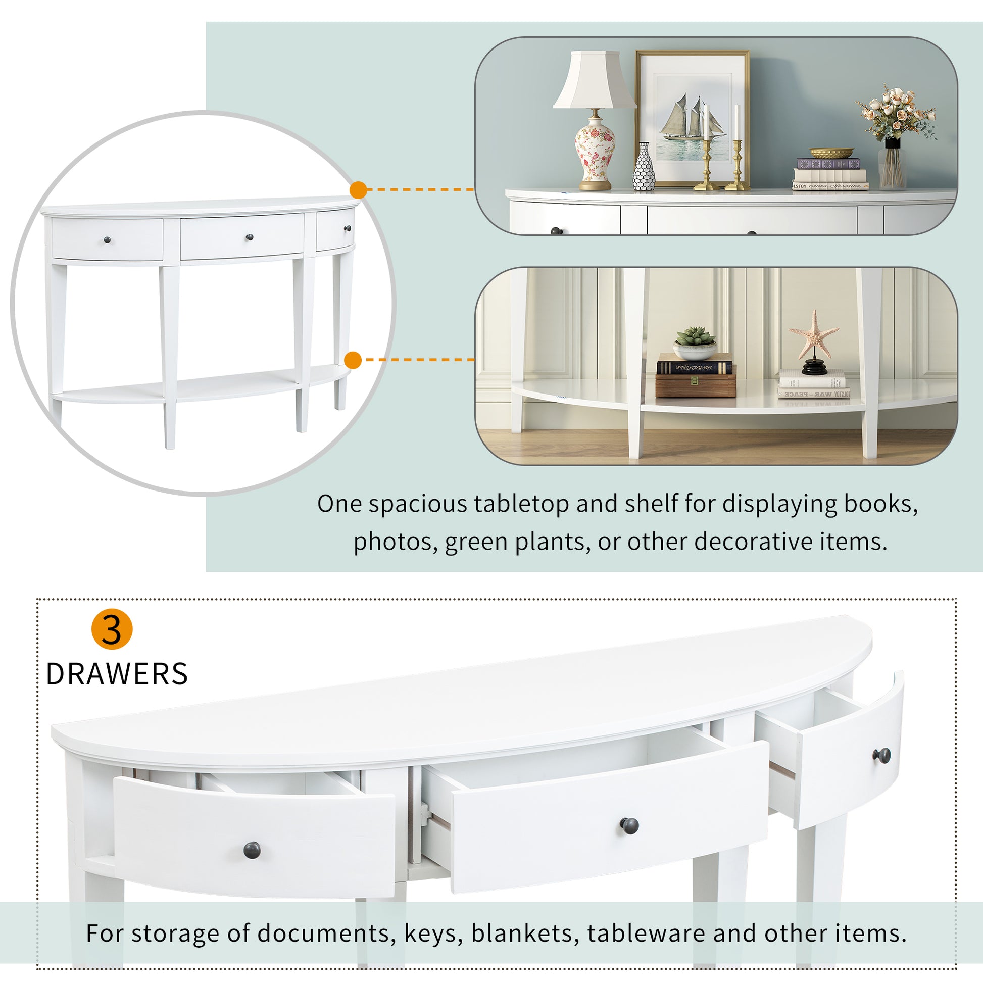 Modern Curved Console Table Sofa Table With 3 Drawers And 1 Shelf For Hallway, Entryway, Living Room White Solid Wood Mdf