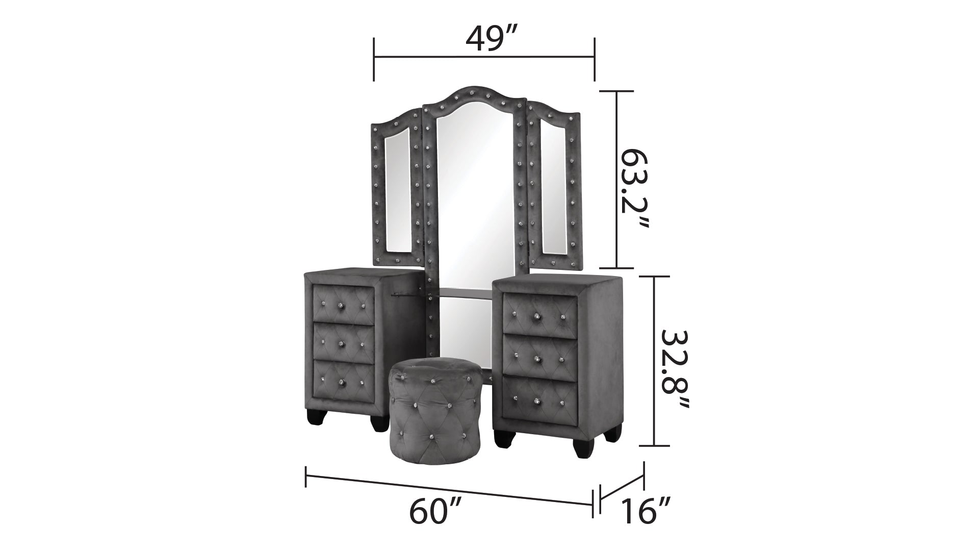 Maya Crystal Tufted Queen 4 Pc Vanity Bedroom Set Made With Wood In Gray Box Spring Not Required Queen Gray Wood 4 Piece Set Bedroom Contemporary,Modern Upholstered Velvet Tufted Wood