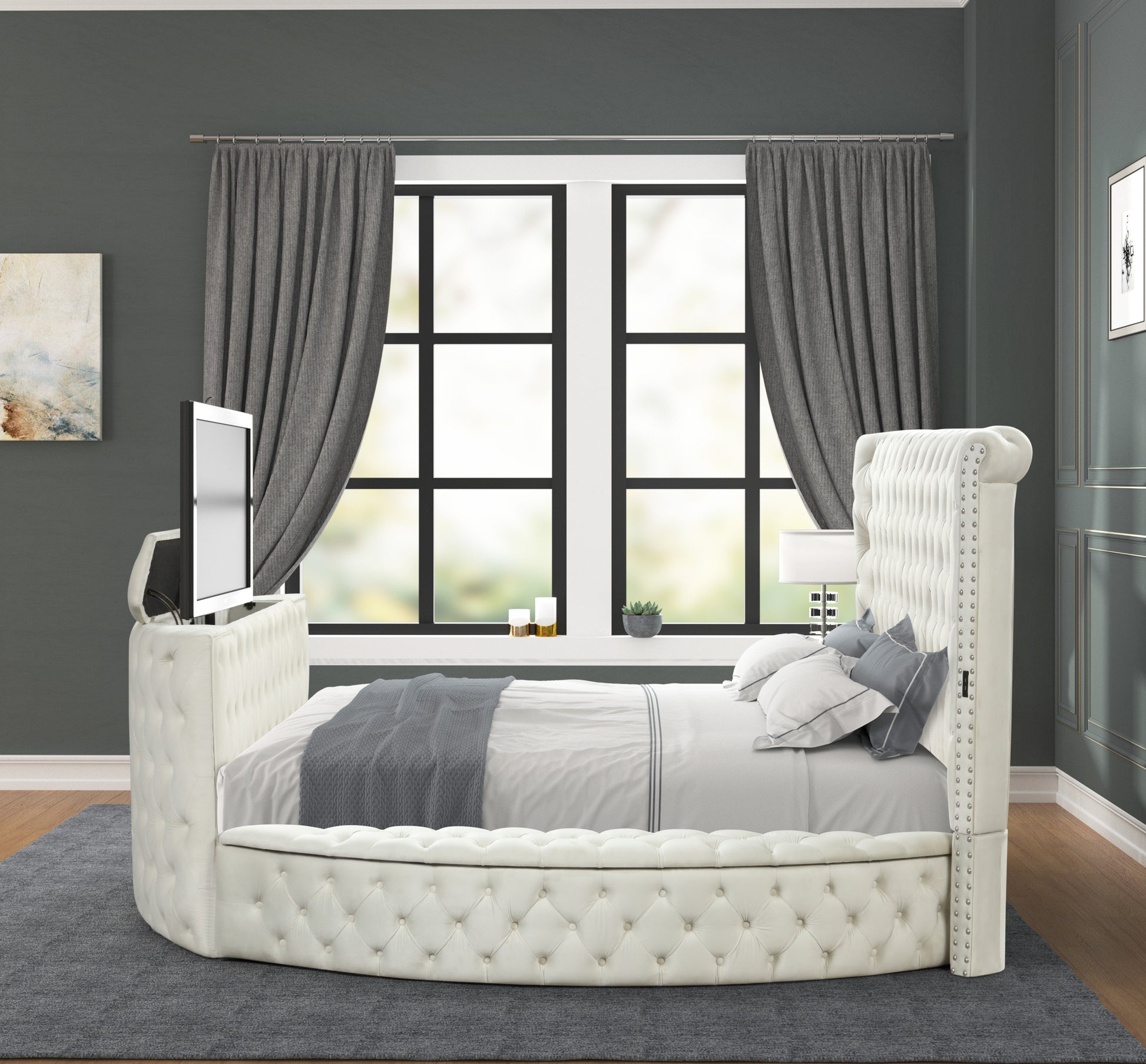 Maya Modern Style Crystal Tufted King 5Pc Bed Room Set Made With Wood In Cream Box Spring Not Required King Cream Wood 5 Piece Set Bedroom Bed Included,Chest Included,Dresser Included,Mirror Included,Nightstand Included Contemporary,Modern Upholstered