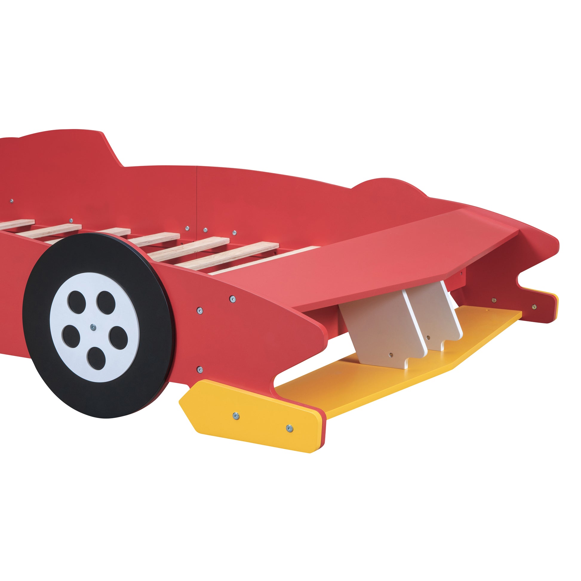 Full Size Race Car Shaped Platform Bed With Wheels,Red Red Plywood