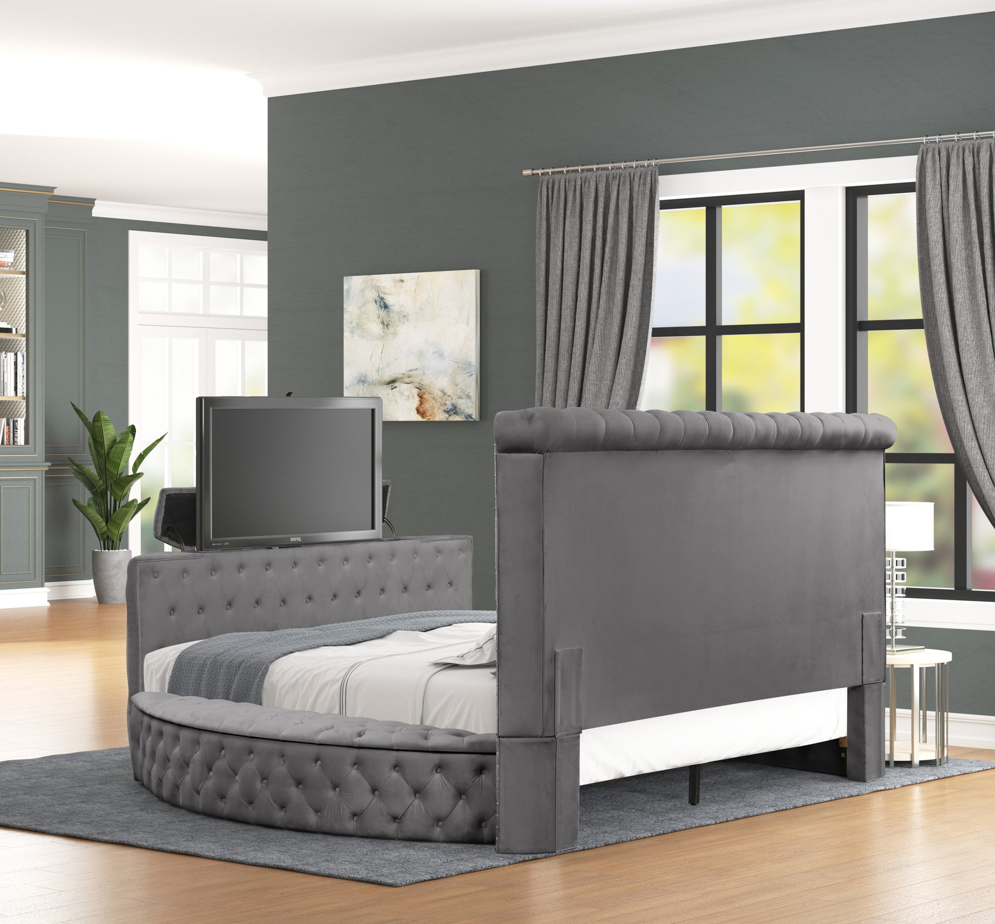 Maya Crystal Tufted Queen 4 Pc Vanity Bedroom Set Made With Wood In Gray Box Spring Not Required Queen Gray Wood 4 Piece Set Bedroom Contemporary,Modern Upholstered Velvet Tufted Wood