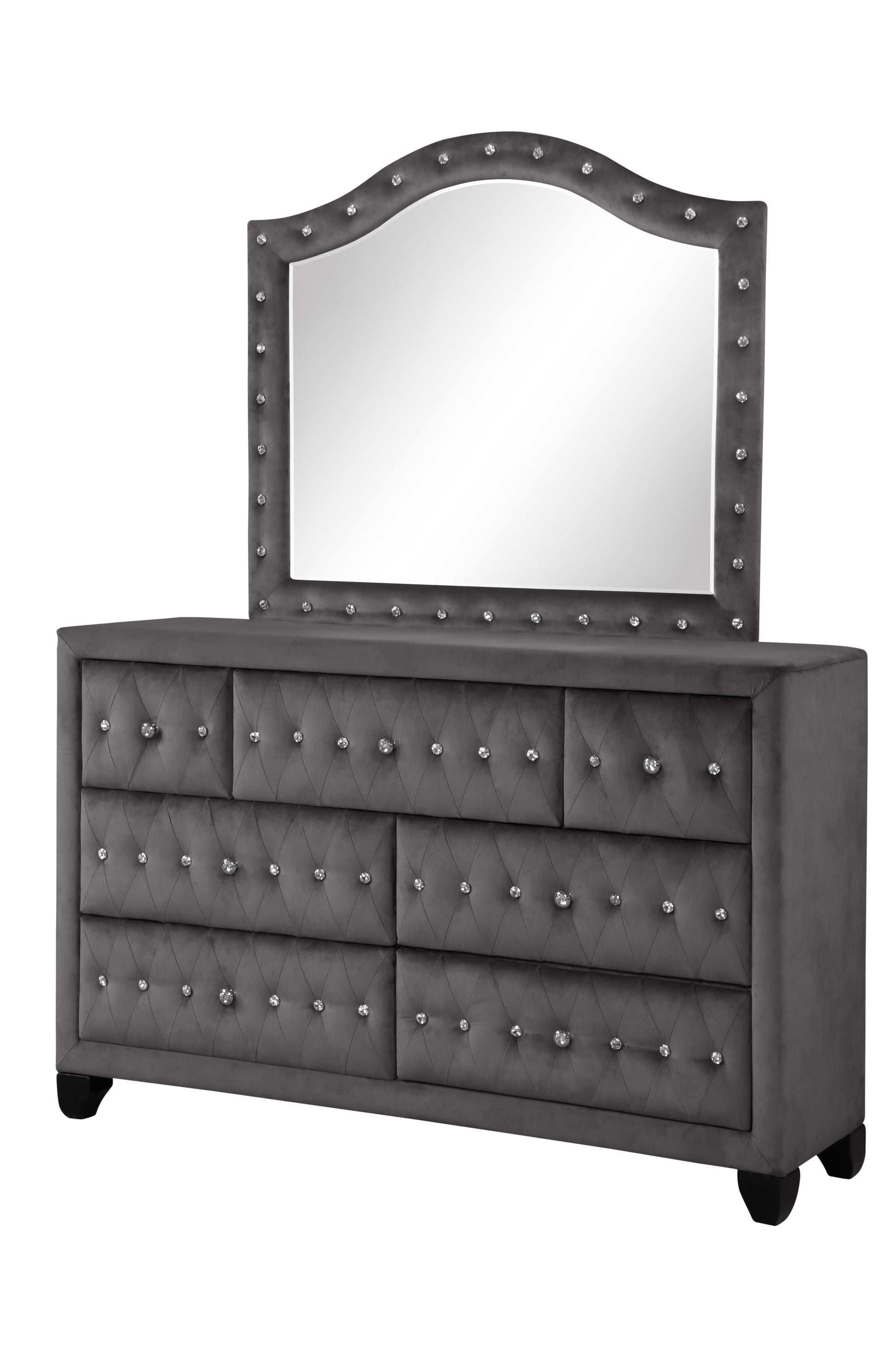 Sophia Modern Style Crystal Tufted Upholstery 7 Drawer Dresser Finished With Velvet Fabric Made With Wood In Gray Gray Bedroom Contemporary,Modern Acacia Solid Wood Mdf Wood