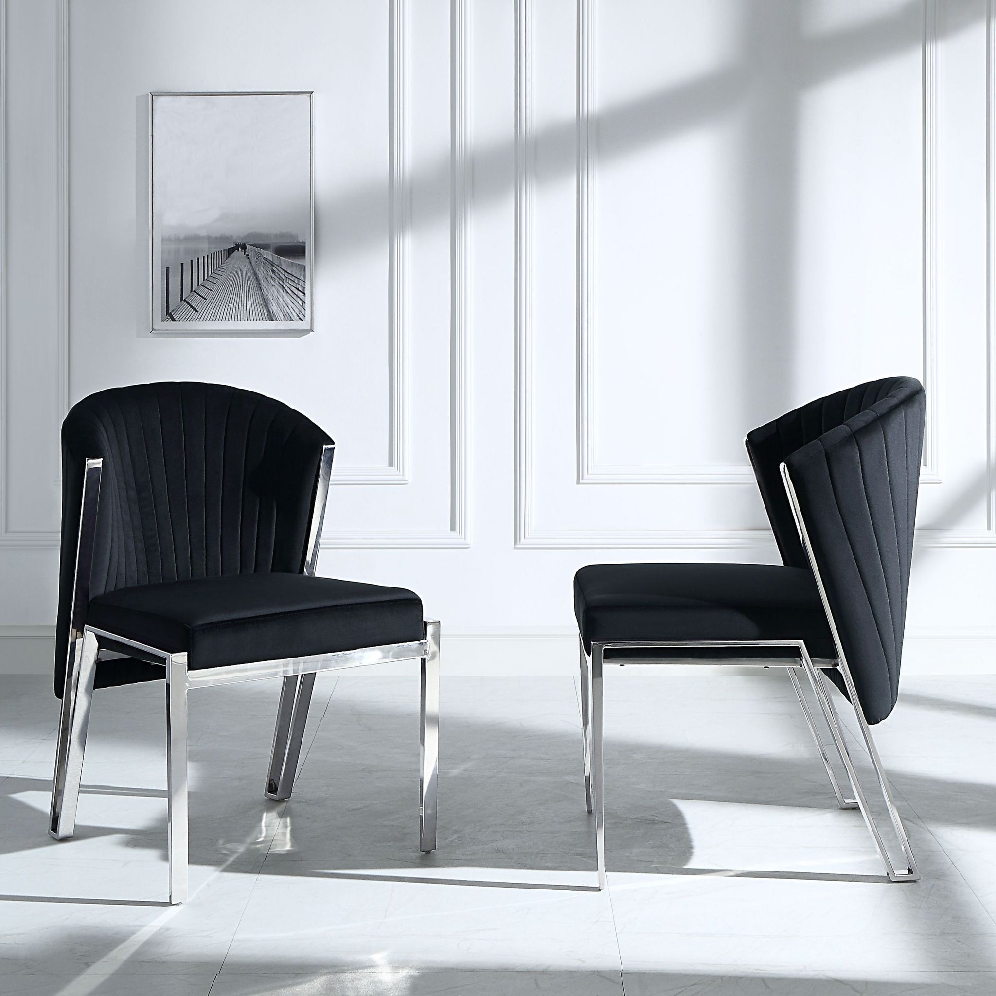 Fallon Side Chair Set 2 , Black Velvet & Mirrored Silver Finish Dn01955 Black Velvet