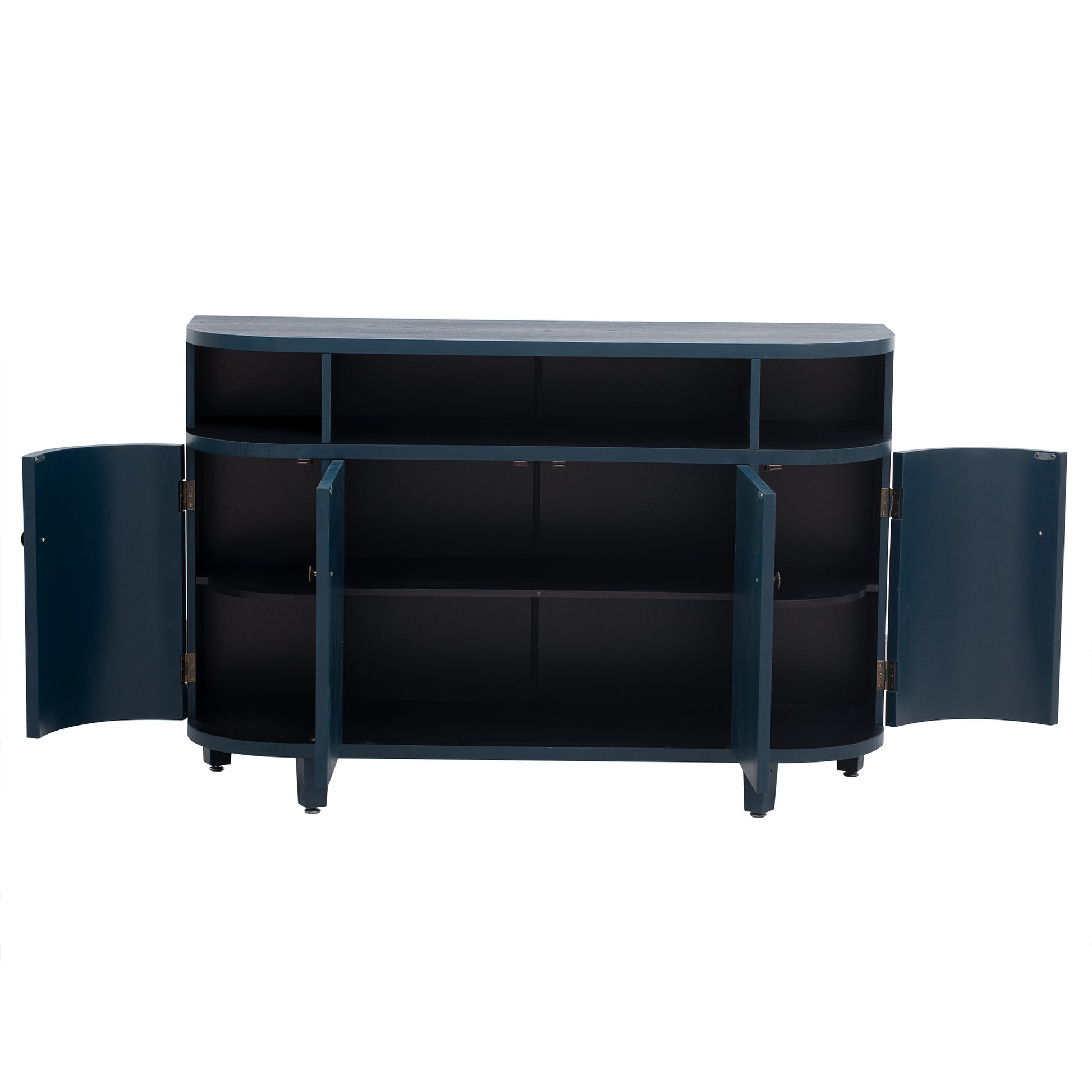 Curved Design Storage Cabinet Made Of Fraxinus Mandschuric Solid Wood Veneer, Featuring Four Doors And Adjustable Shelves, Suitable For Corridors, Entrances And Study. 3 4 Shelves Navy Blue Mdf