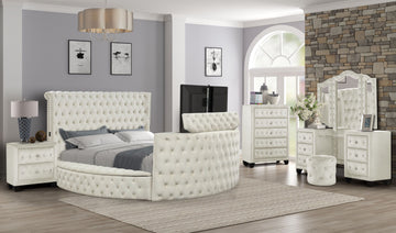 Maya Crystal Tufted King 5 Pc Vanity Bedroom Set Made With Wood In Cream Box Spring Not Required King Cream Wood 5 Piece Set Bedroom Contemporary,Modern Upholstered Velvet Tufted Wood