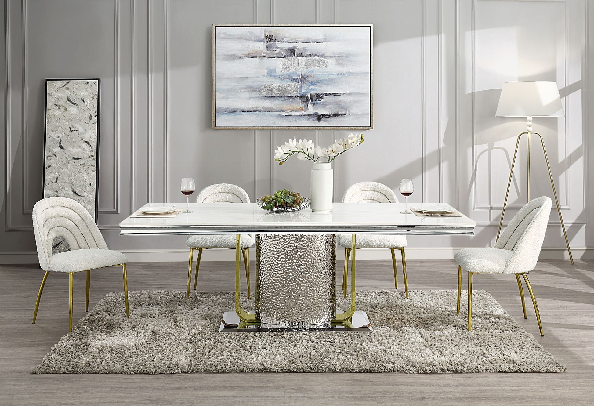 Fadri Side Chair Set 2 , Teddy Sherpa & Mirrored Gold Finish Dn01953 White Teddy