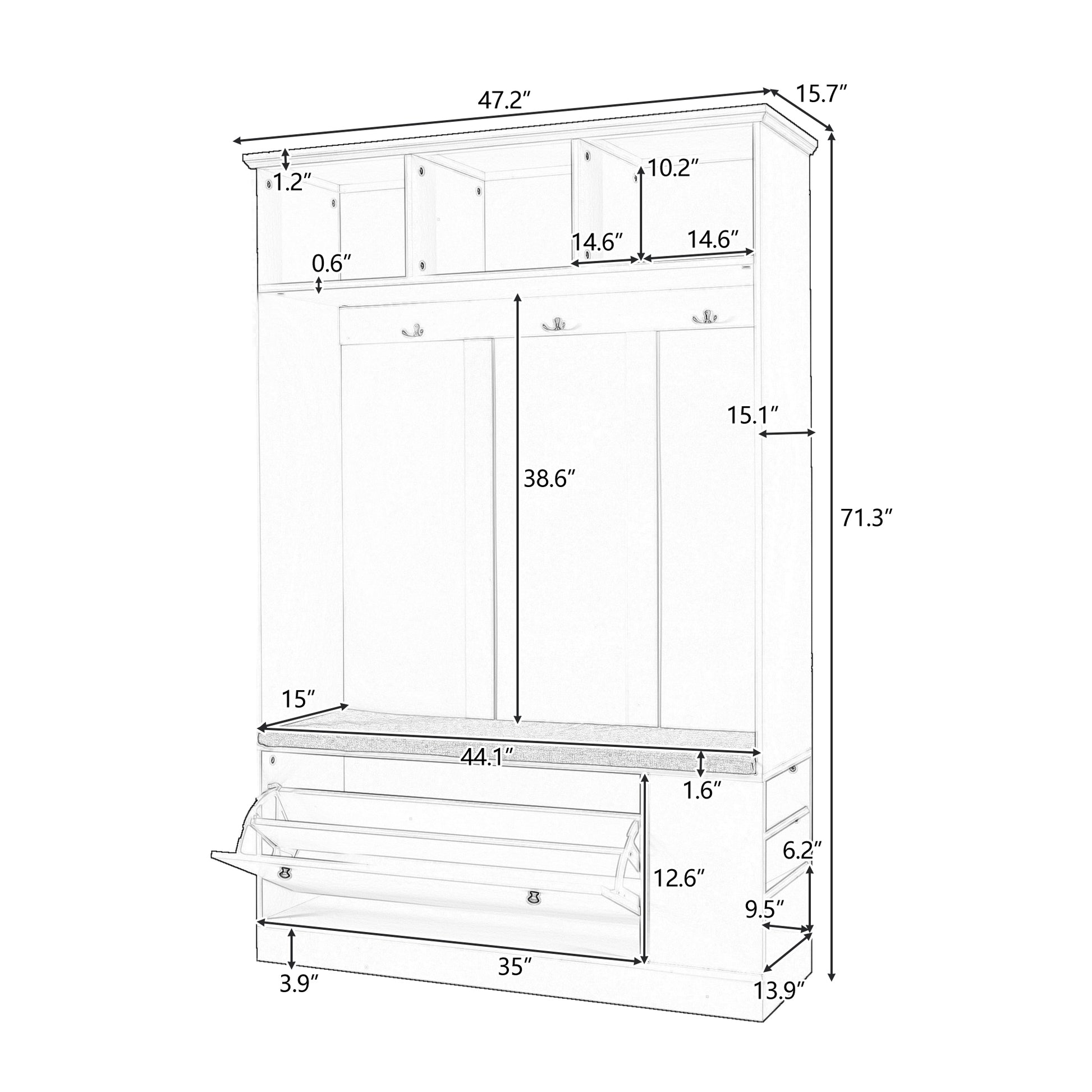 5 In 1 Entryway Bench With Coat Rack, Cushion And 3 Sturdy Hooks, 47.2'' Wide Hall Tree With Shoe Storage Bench For Hallway, Entryway, Living Room White Particle Board