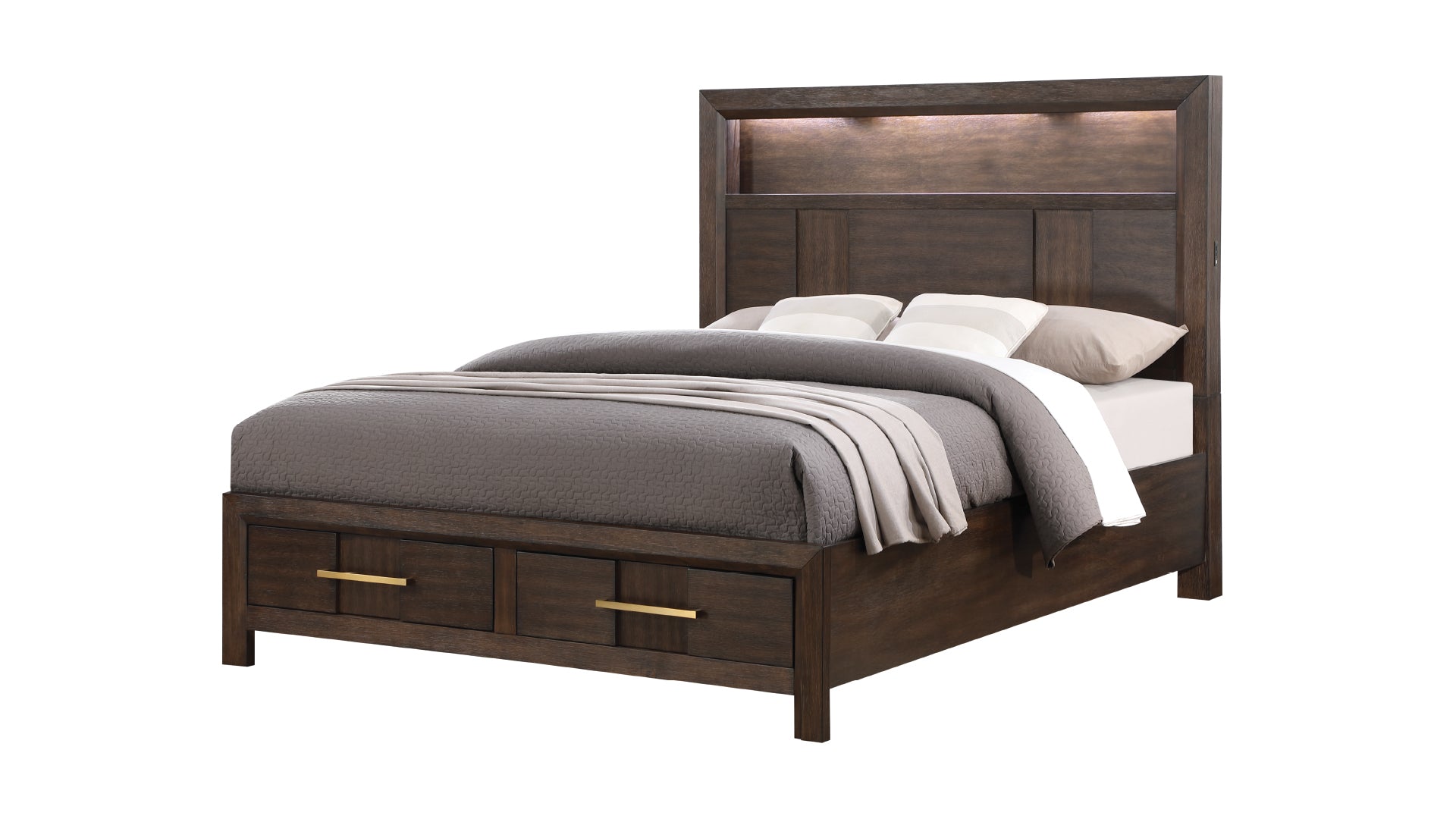 Kenzo Modern Style Queen 4Pc Storage Bedroom Set Made With Wood, Led Headboard, Bluetooth Speakers & Usb Ports Walnut Box Spring Not Required Queen Walnut Wood 4 Piece Set Bedroom Bed Included,Dresser Included,Mirror Included,Nightstand Included