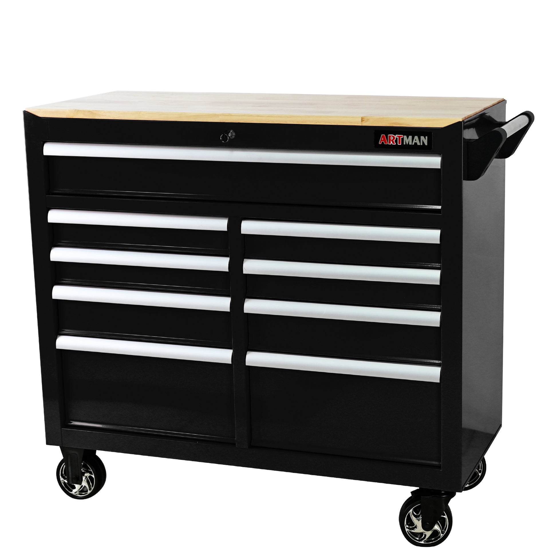 9 Drawers Multifunctional Tool Cart With Wheels And Wooden Top Black Steel