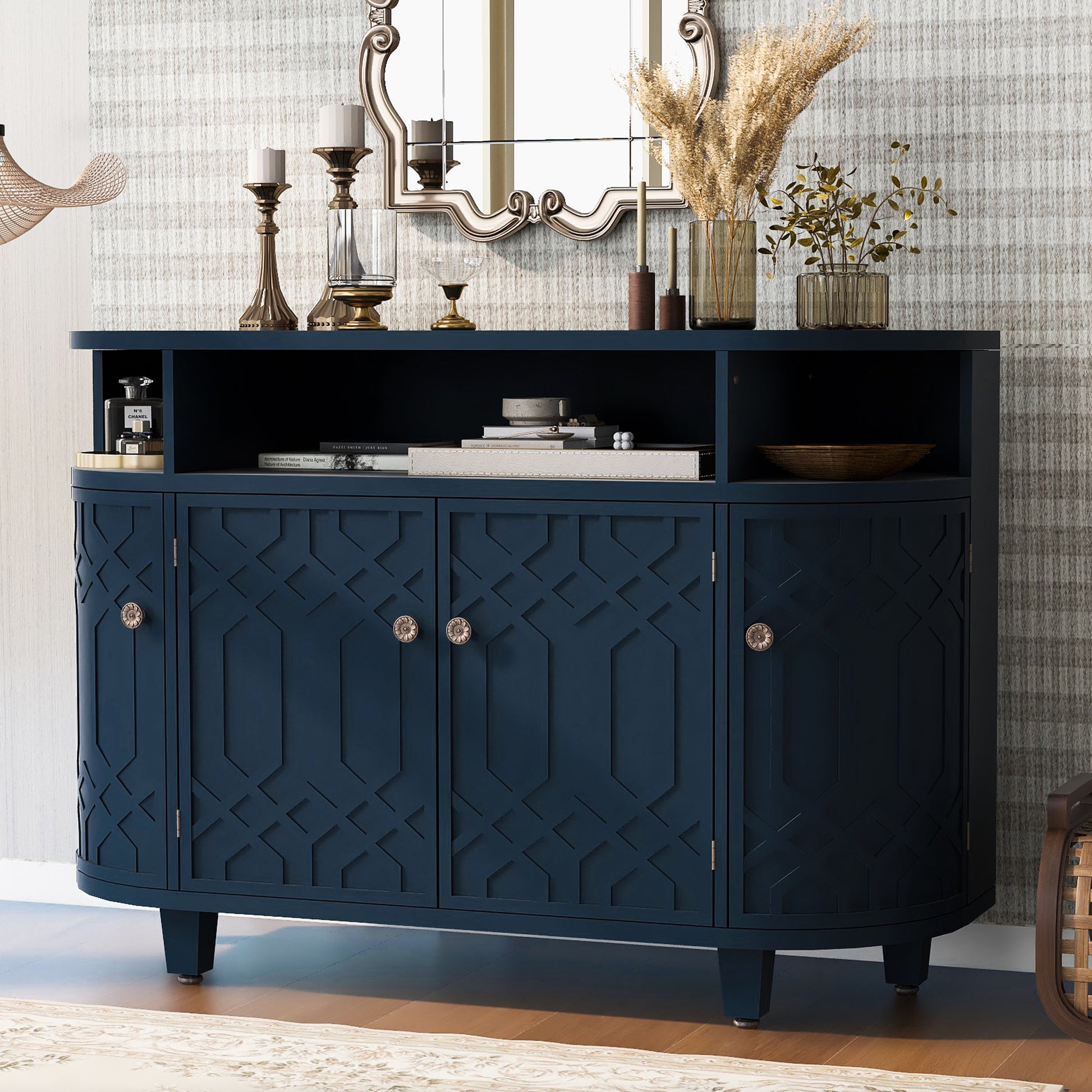 Curved Design Storage Cabinet Made Of Fraxinus Mandschuric Solid Wood Veneer, Featuring Four Doors And Adjustable Shelves, Suitable For Corridors, Entrances And Study. 3 4 Shelves Navy Blue Mdf