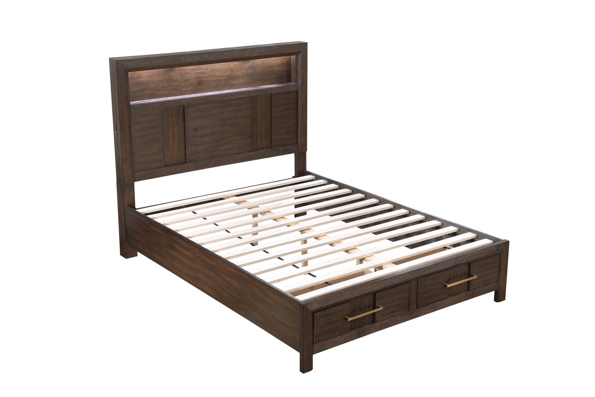 Kenzo Modern Style Full 4Pc Storage Bedroom Set Made With Wood, Led Headboard, Bluetooth Speakers & Usb Ports Walnut Box Spring Not Required Full Walnut Wood 4 Piece Set Bedroom Bed Included,Dresser Included,Mirror Included,Nightstand Included