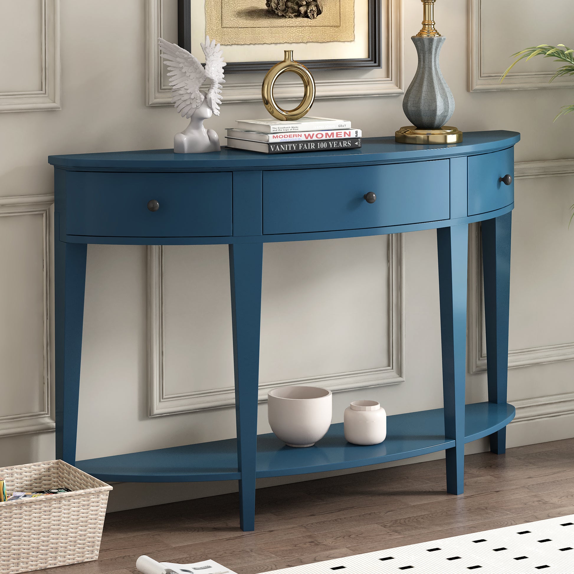 Modern Curved Console Table Sofa Table With 3 Drawers And 1 Shelf For Hallway, Entryway, Living Room Navy Blue Solid Wood Mdf