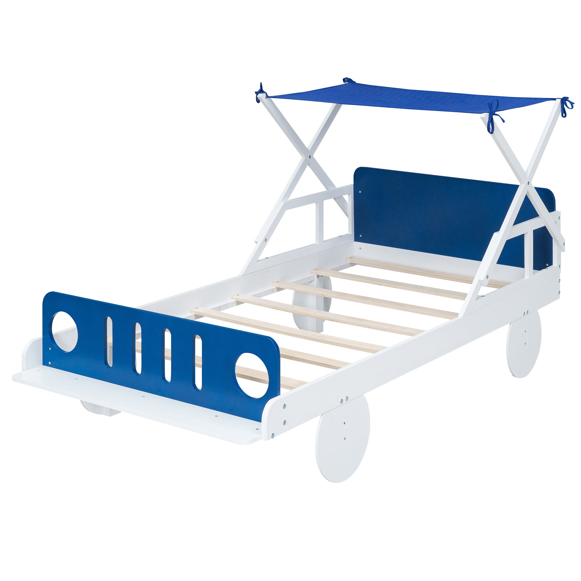 Wood Twin Size Car Bed with Ceiling Cloth,