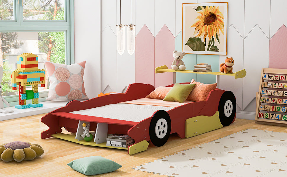 Full Size Race Car Shaped Platform Bed With Wheels,Red Red Plywood