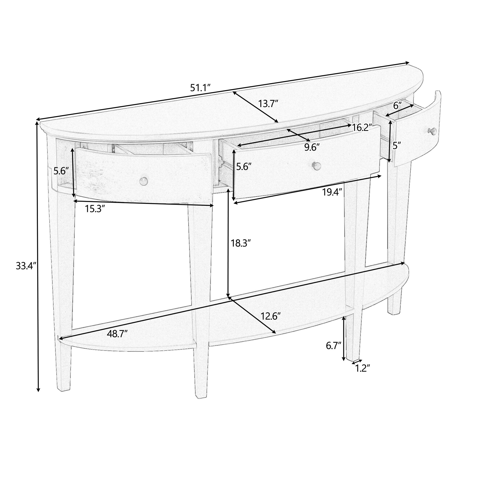 Modern Curved Console Table Sofa Table With 3 Drawers And 1 Shelf For Hallway, Entryway, Living Room Black Solid Wood Mdf