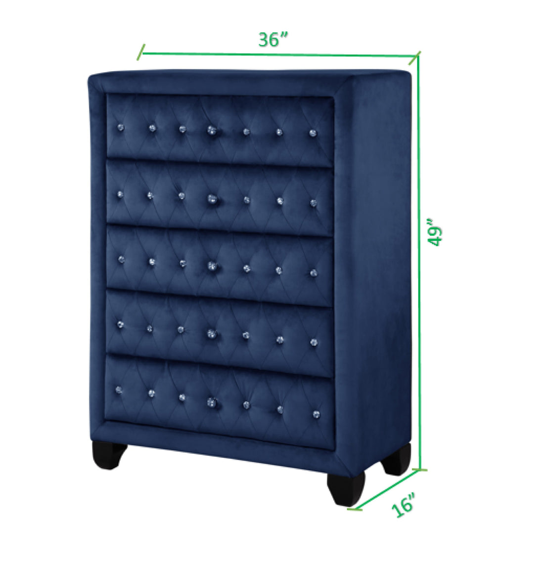 Sophia Modern Style Crystal Tufted Upholstery 5 Drawer Chest Finished With Velvet Fabric Made With Wood In Blue Blue Bedroom Contemporary,Modern Wood