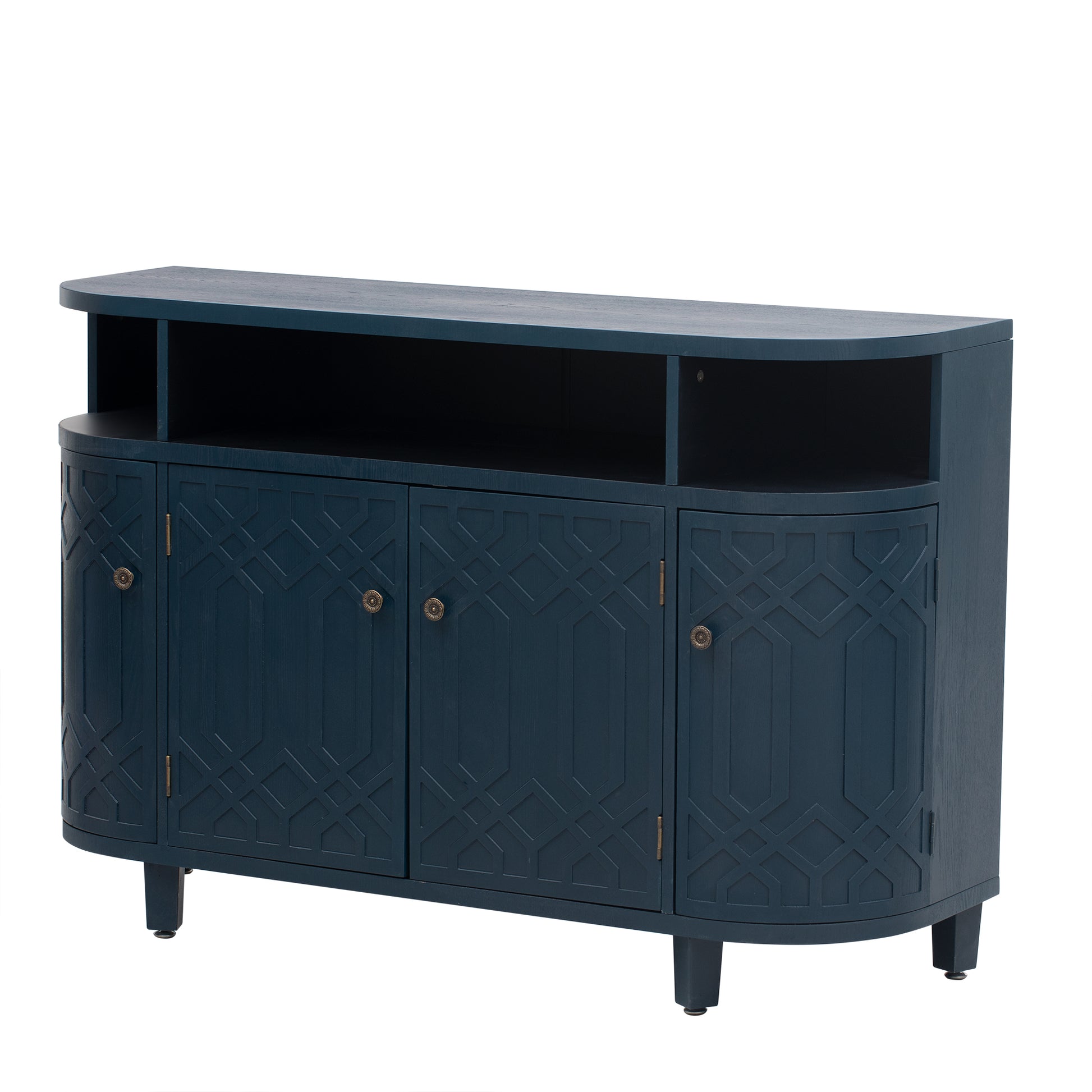 Curved Design Storage Cabinet Made Of Fraxinus Mandschuric Solid Wood Veneer, Featuring Four Doors And Adjustable Shelves, Suitable For Corridors, Entrances And Study. 3 4 Shelves Navy Blue Mdf