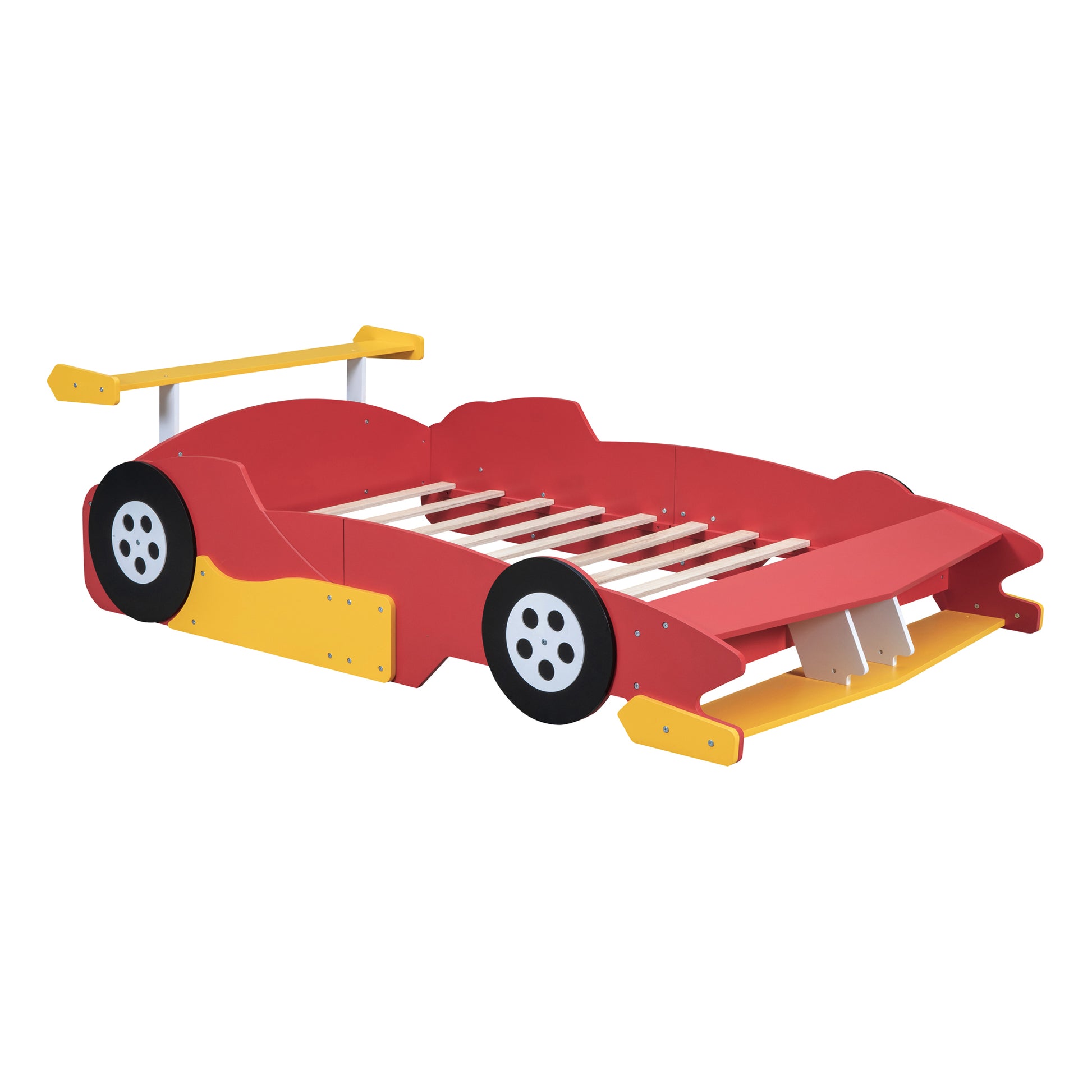 Full Size Race Car Shaped Platform Bed With Wheels,Red Red Plywood