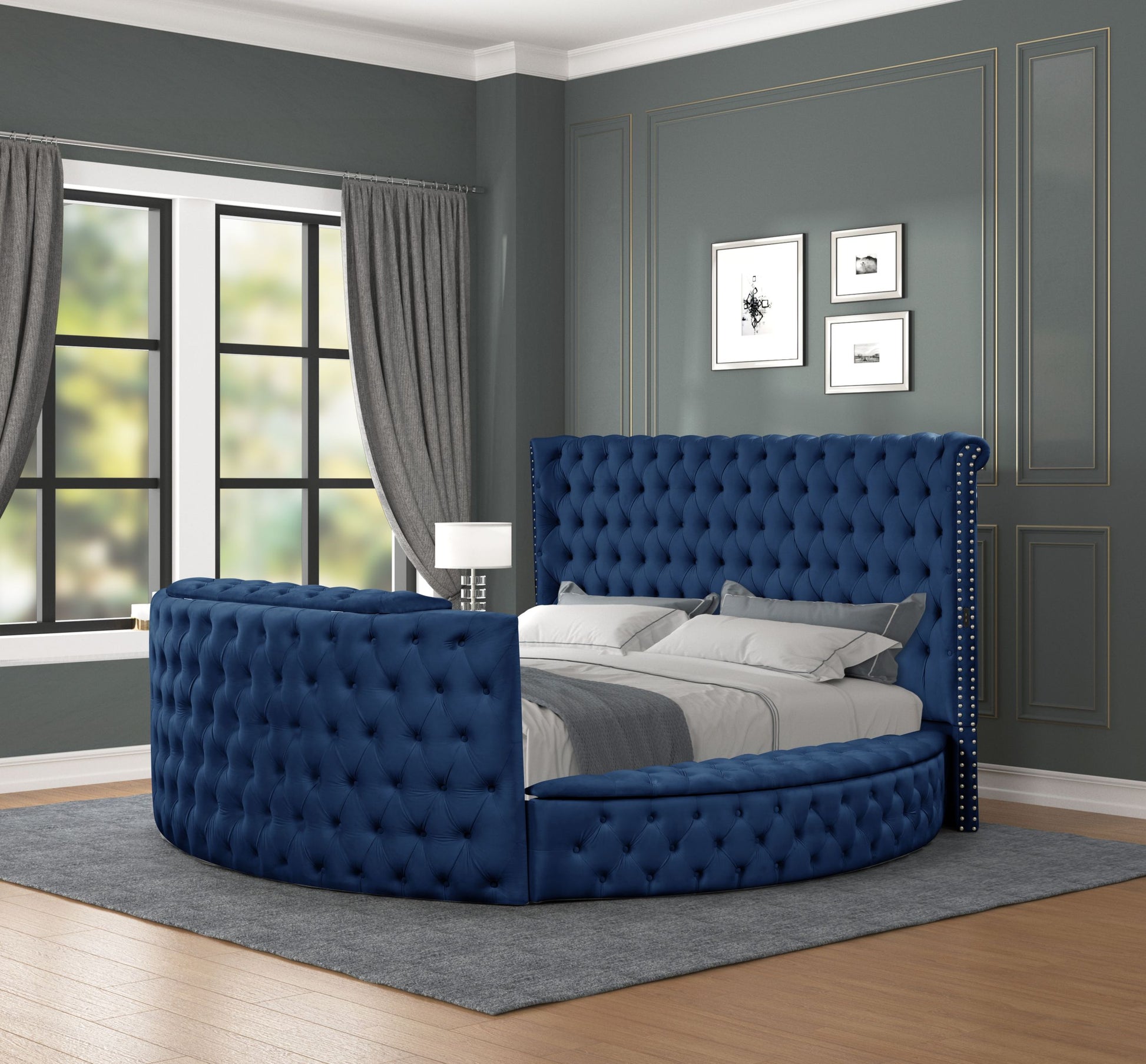 Maya Modern Style Crystal Tufted King 5Pc Bed Room Set Made With Wood In Blue Box Spring Not Required King Blue Wood 5 Piece Set Bedroom Bed Included,Chest Included,Dresser Included,Mirror Included,Nightstand Included Modern Upholstered Tufted Wood