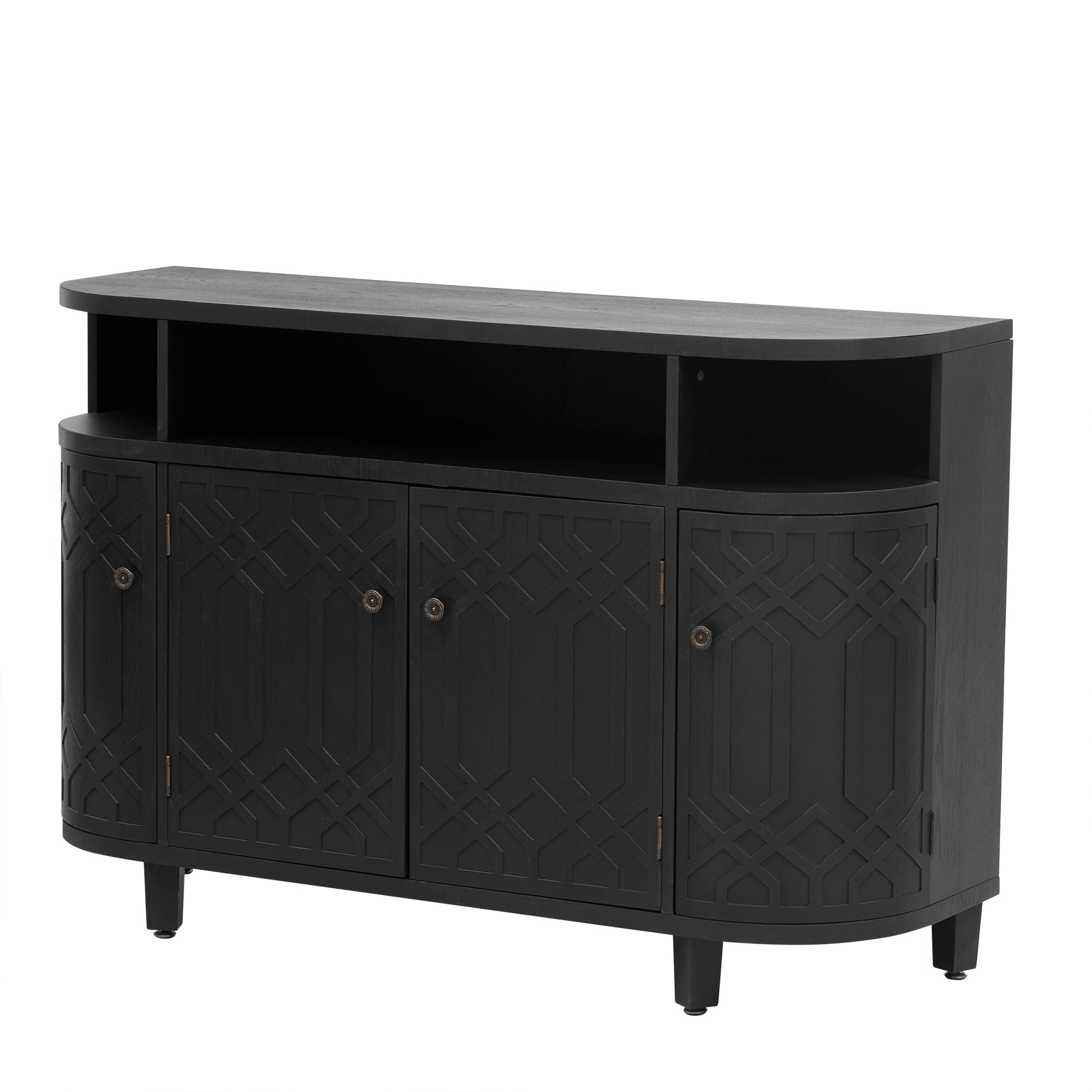 Curved Design Storage Cabinet Made Of Fraxinus Mandschuric Solid Wood Veneer, Featuring Four Doors And Adjustable Shelves, Suitable For Corridors, Entrances And Study. 3 4 Shelves Black Mdf